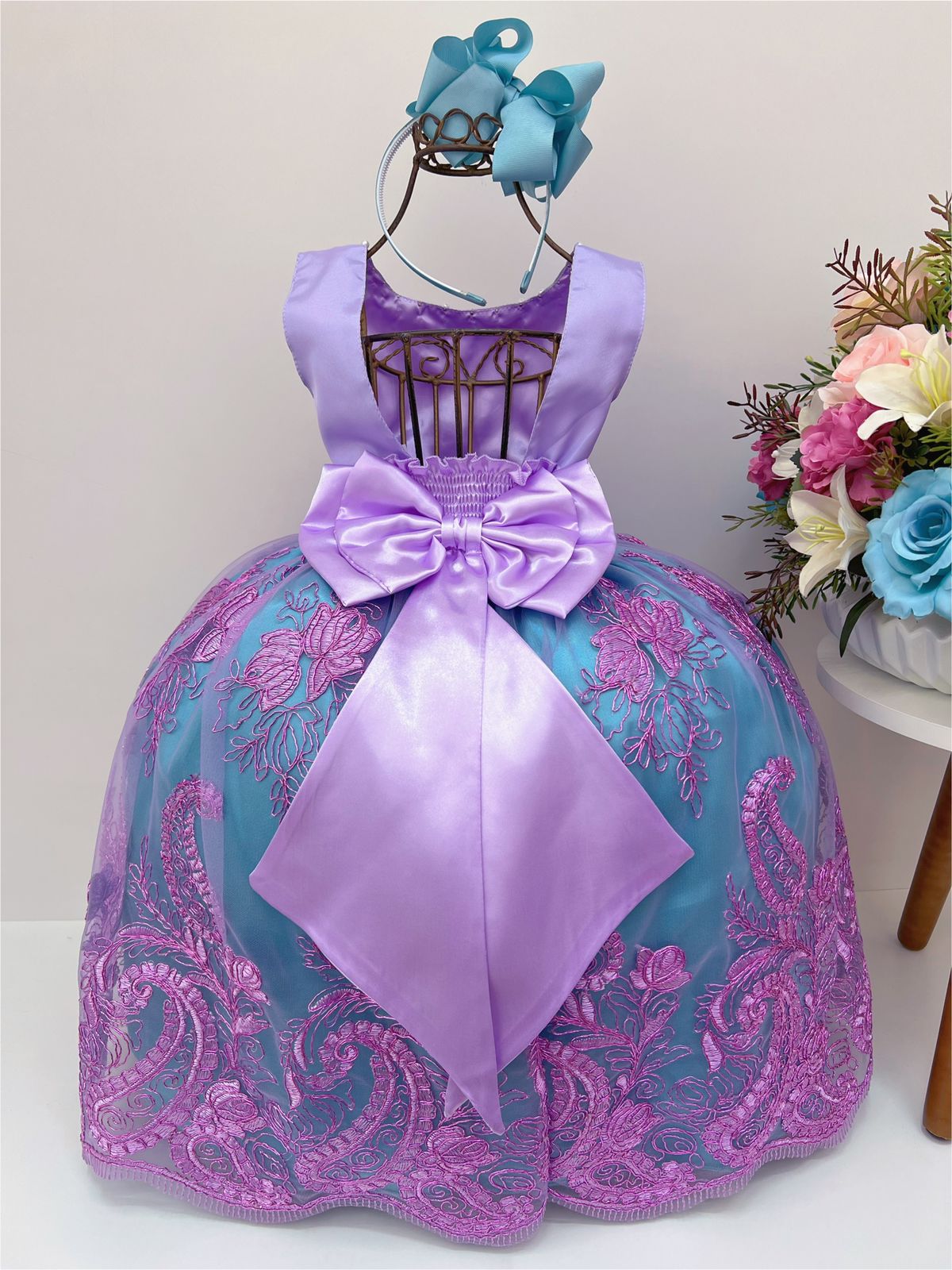 VESTIDO INFANTIL PRINCESA ARIEL PÉROLAS RENDA BRILHO