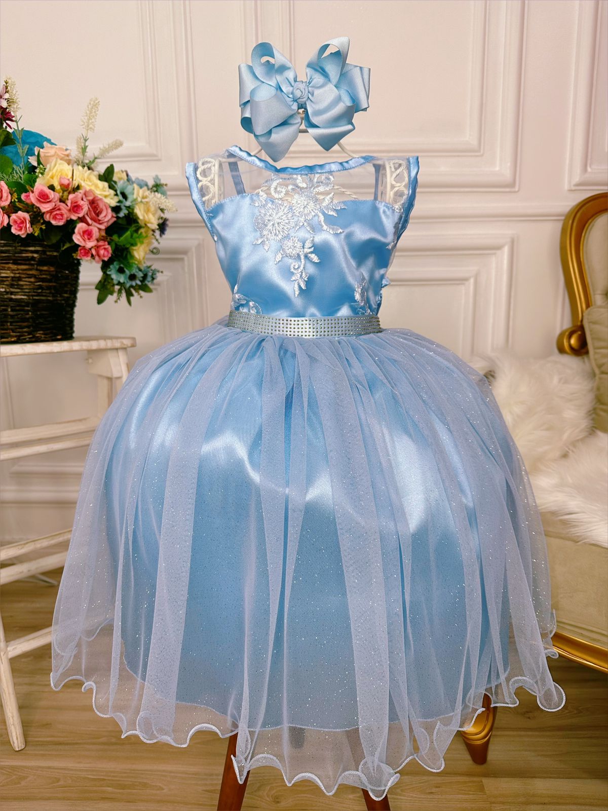 Vestido Infantil Azul Bebê Renda Realeza Tule C/ Glitter
