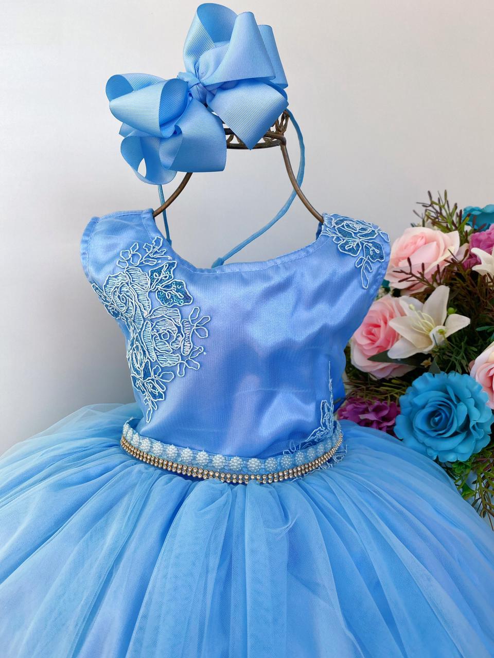 Vestido Infantil Azul C/ Renda Cinto Pérolas Strass Princesa