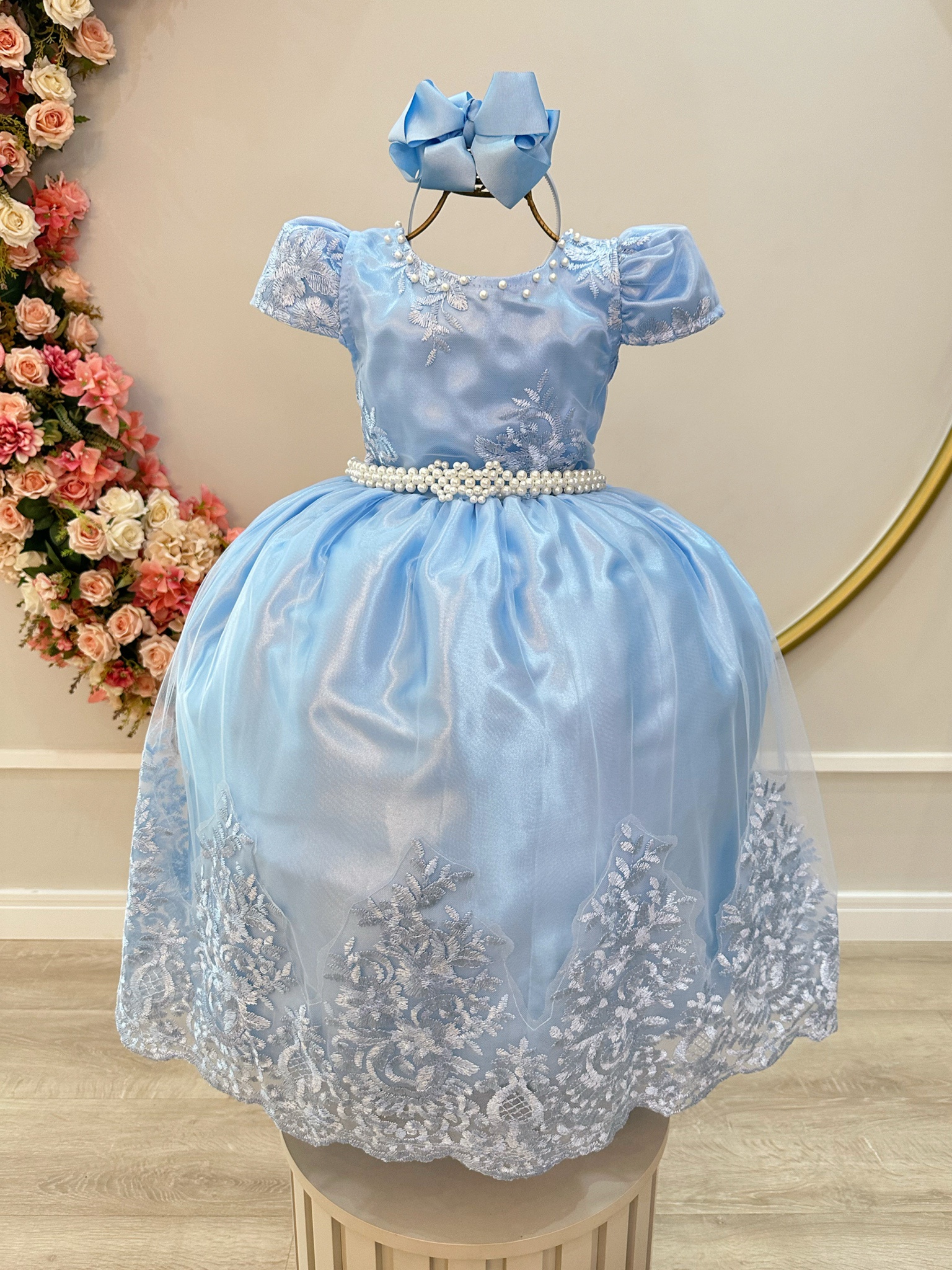 Vestido Infantil Azul Daminha Com Renda Realeza