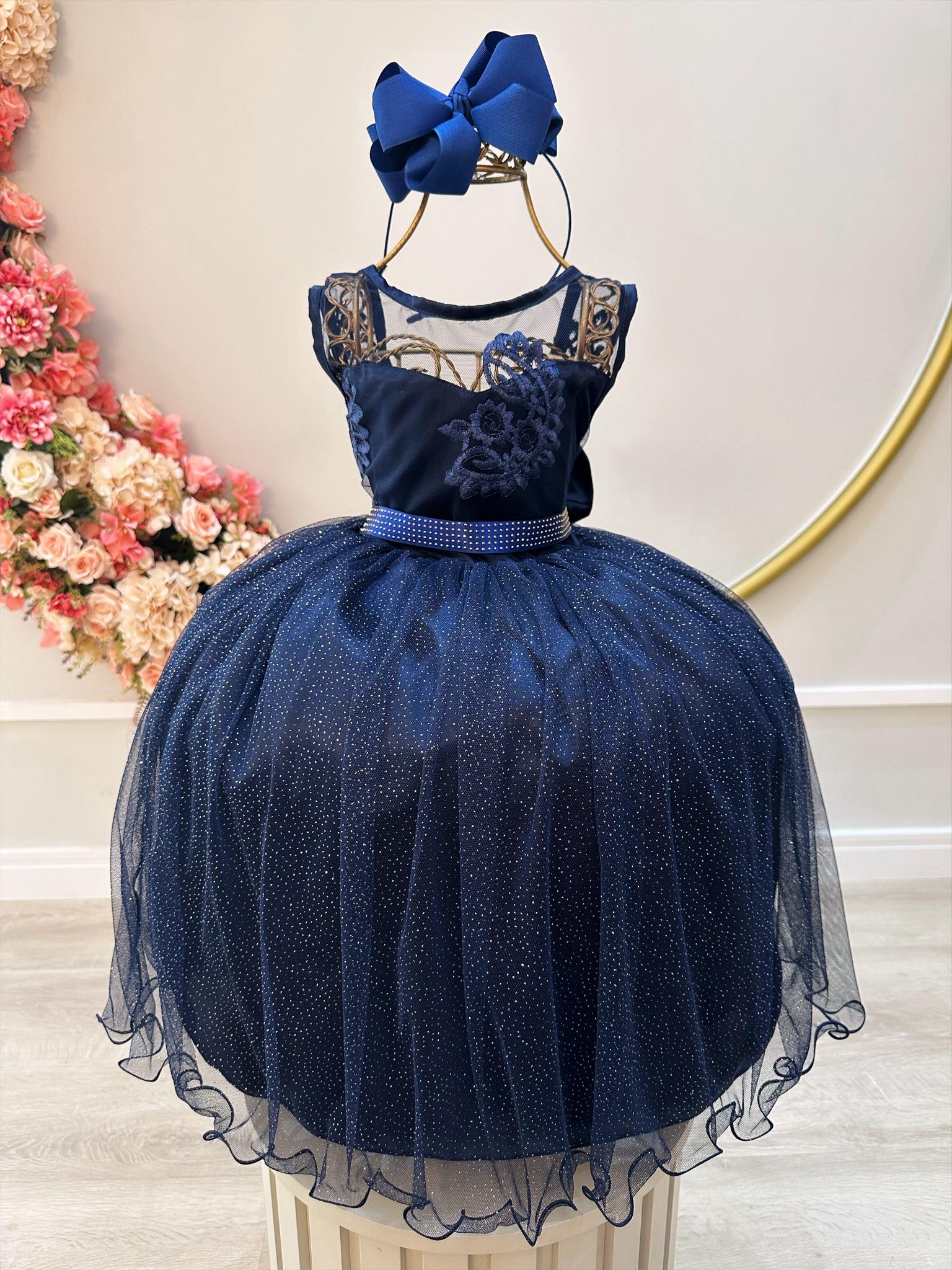 Vestido Infantil Azul Escuro C/ Renda Realeza e Tule Glitter