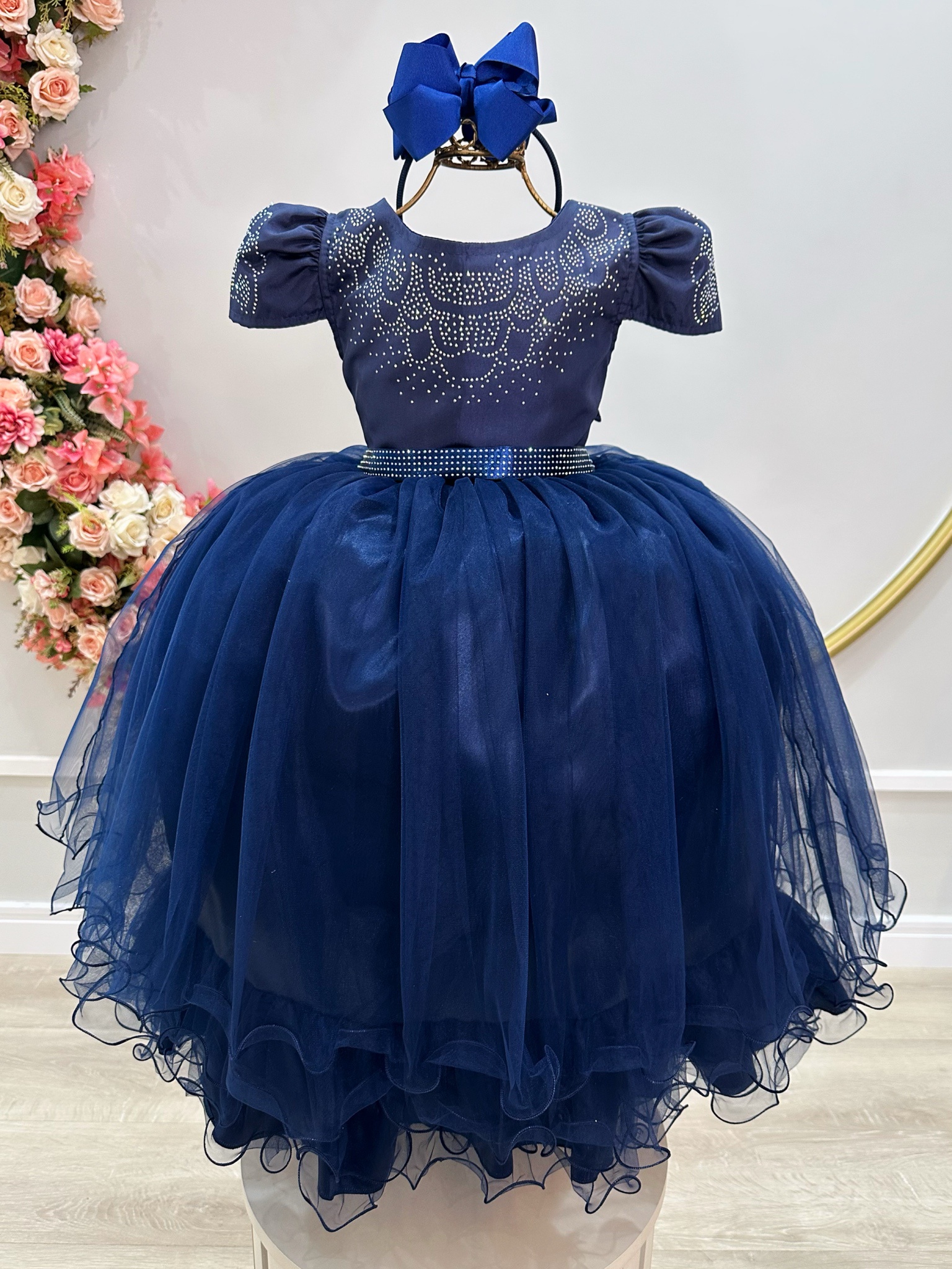 Vestido Infantil Azul Marinho Damas C/ Strass Luxo