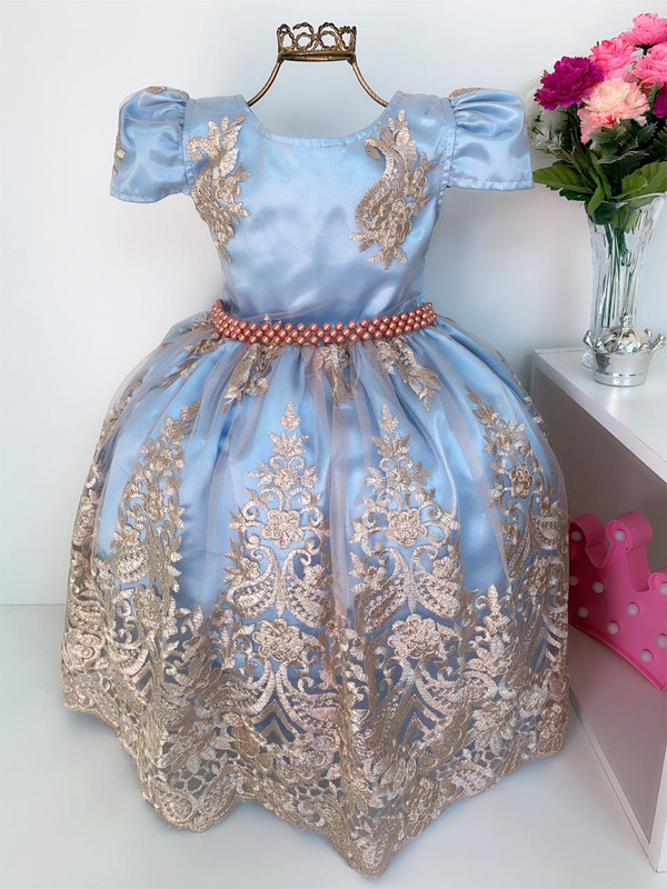 Vestido Infantil Azul Renda Dourada Realeza Princesa Pérolas - Rosa  Charmosa Atacado