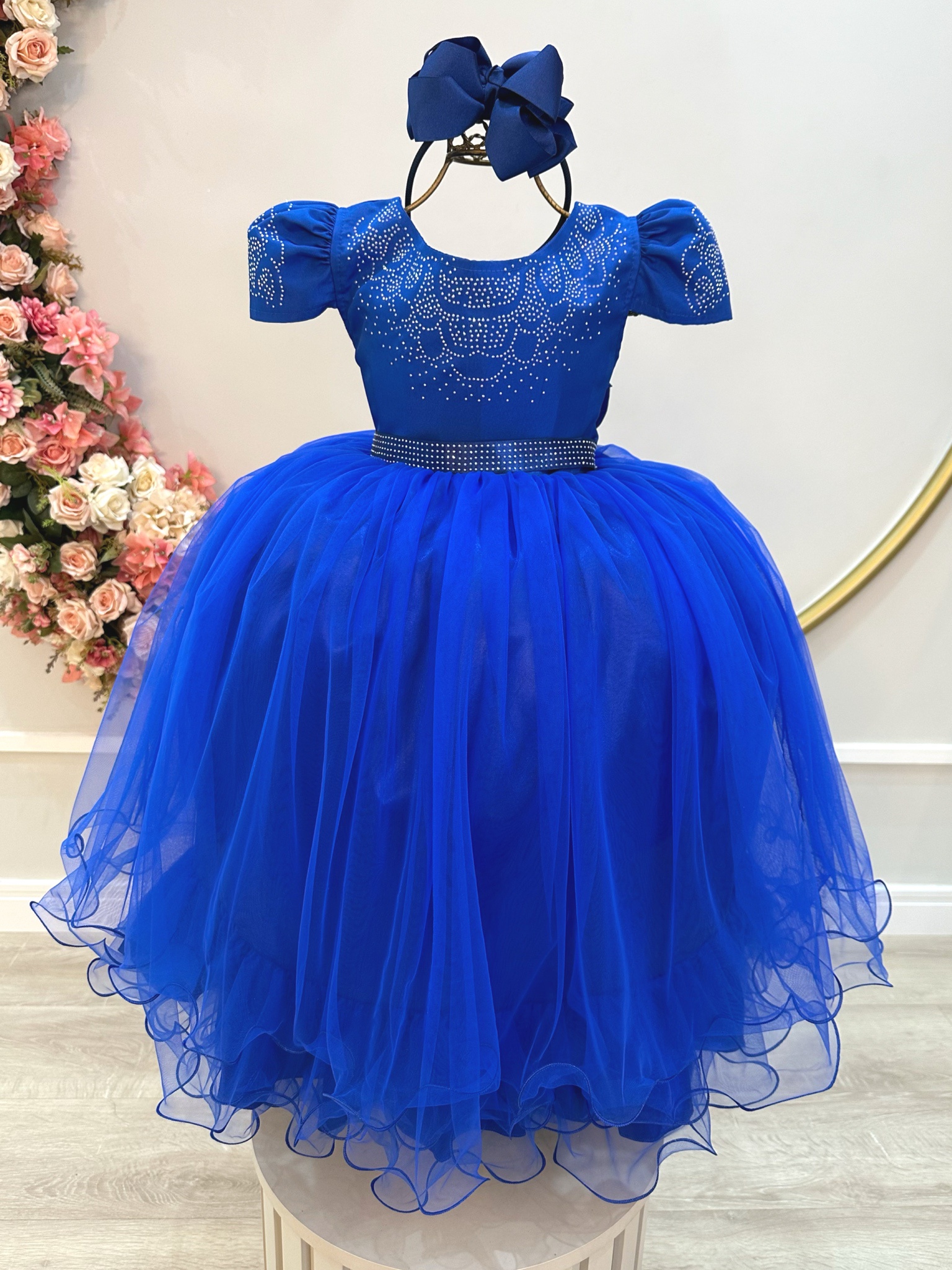 Vestido Infantil Azul Royal Damas C/ Strass Luxo