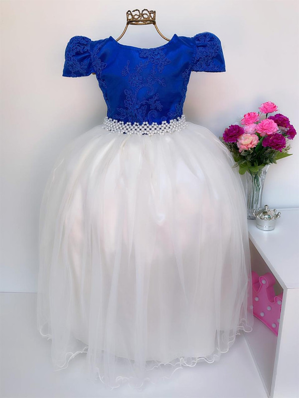 Vestido Infantil Azul Royal e OFF Damas de Honra Casamento