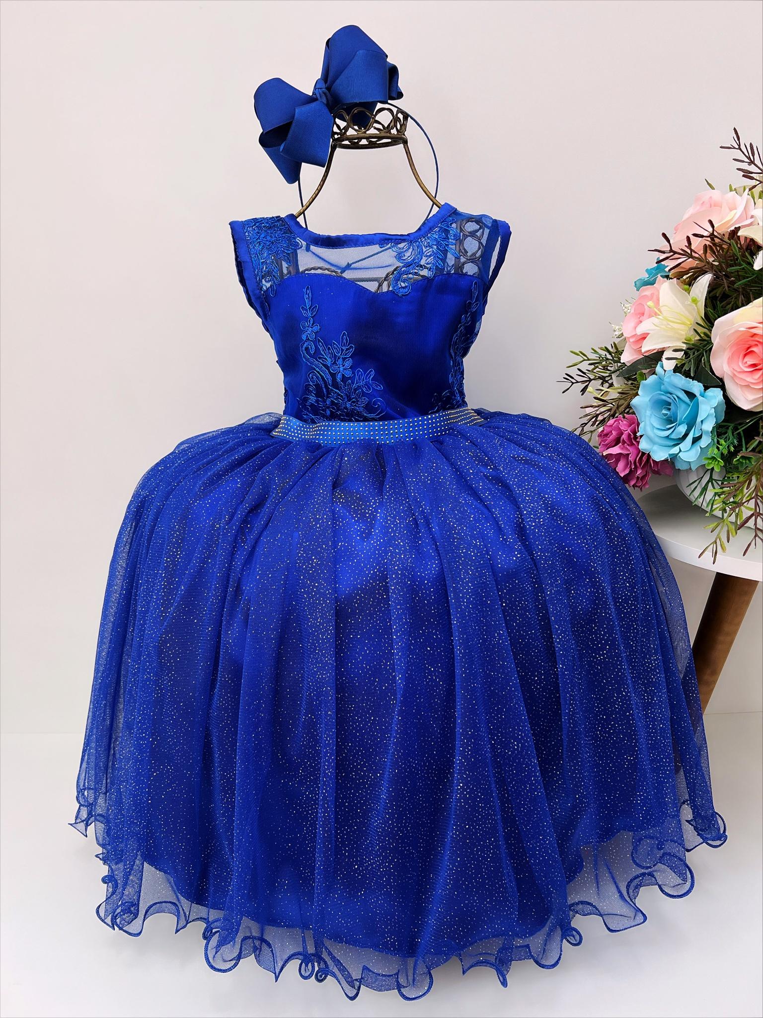 Vestido Infantil Azul Royal Renda Metalizada Brilho Damas