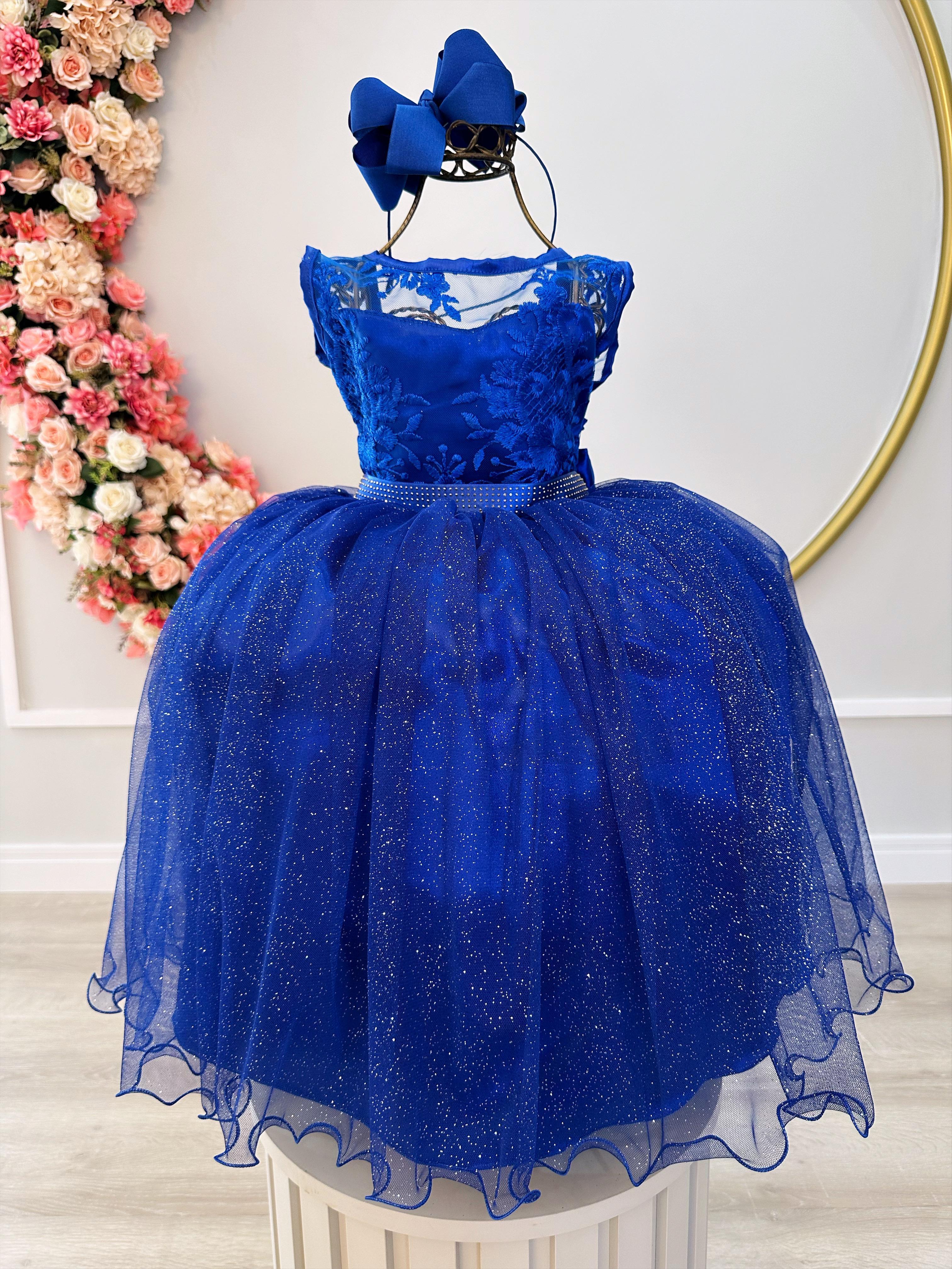 Vestido Infantil Azul Royal Renda Realeza Tule C/ Glitter