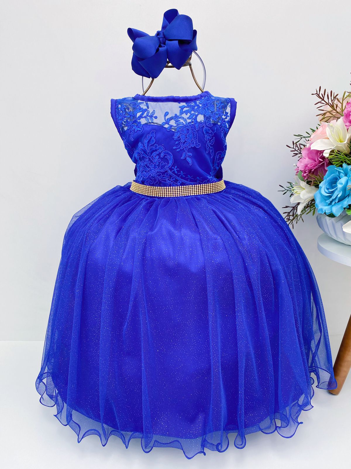 Vestido Infantil Azul Royal Renda Tule com Brilho Damas Luxo
