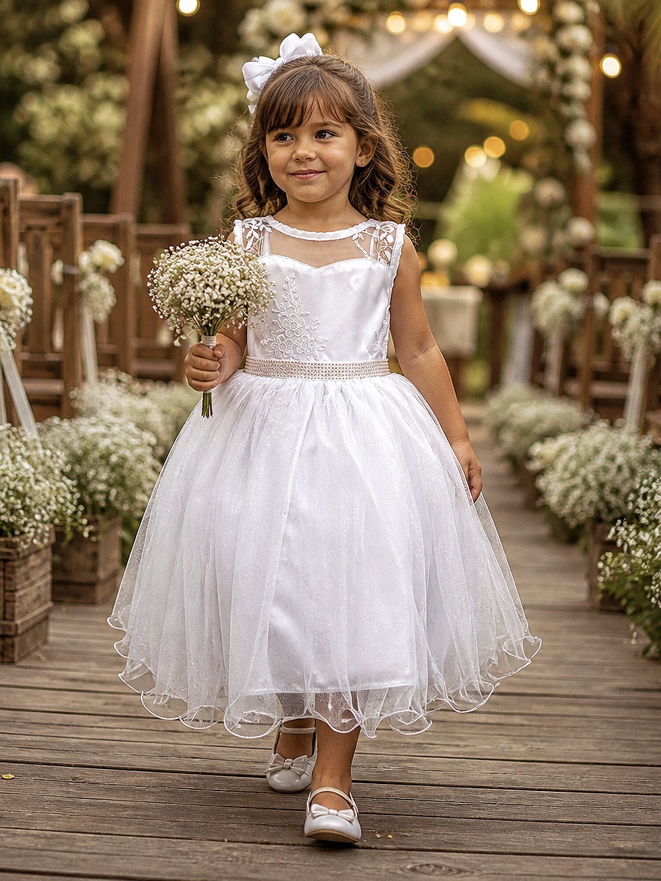 Vestido Infantil Branco C/ Renda Metalizada e Tule Glitter
