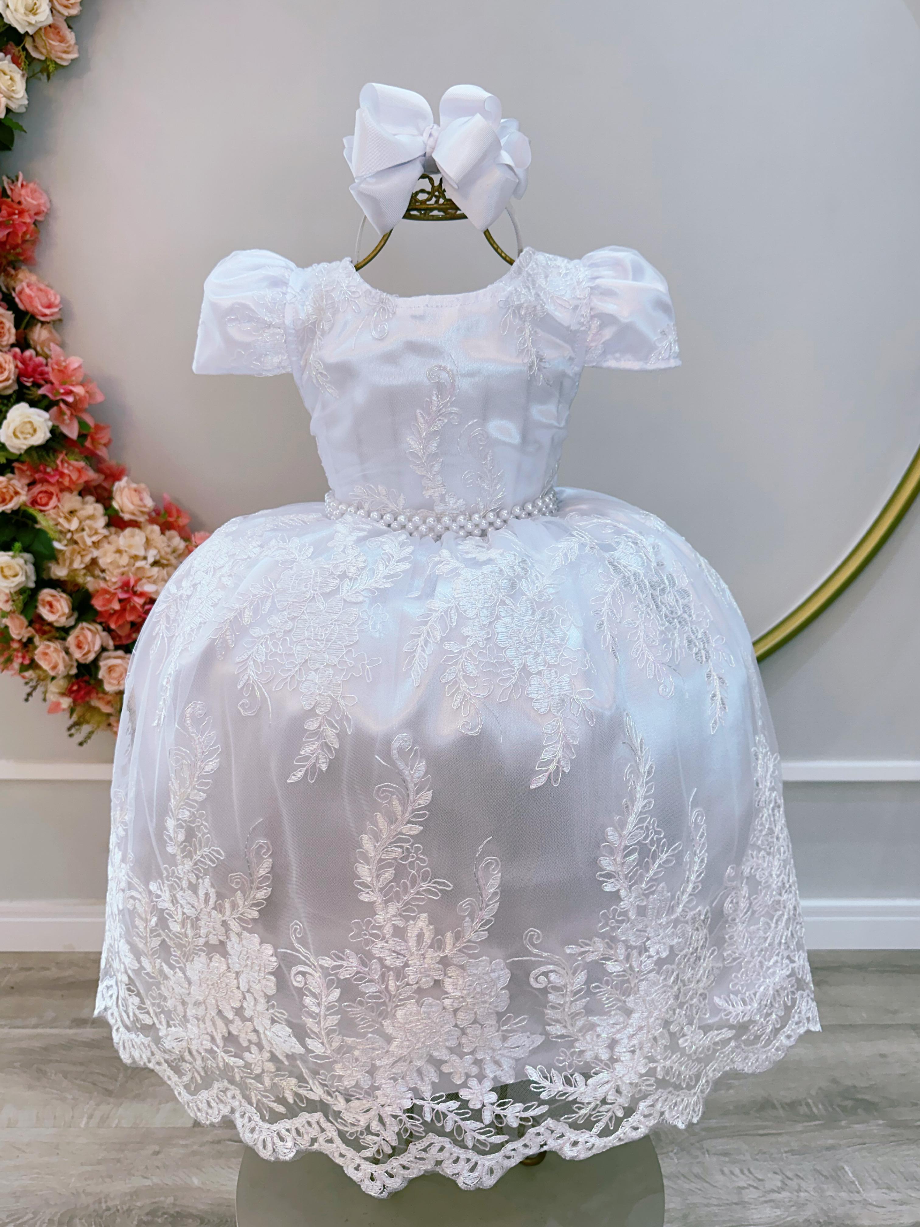 Vestido Infantil Branco C/ Renda Realeza Metalizada Daminhas