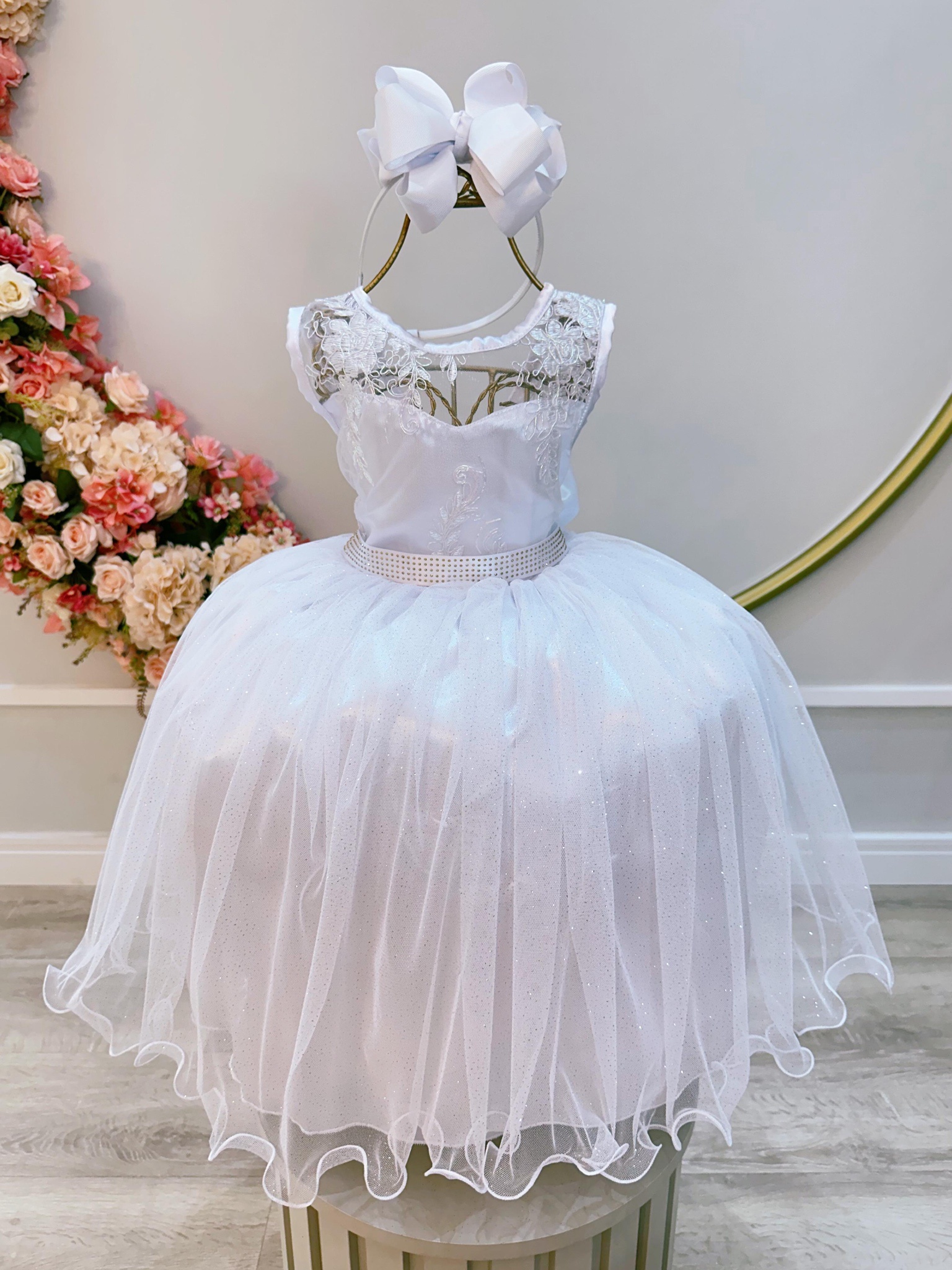 Vestido Infantil Branco Renda Metalizada Tule C/ Brilho Damas