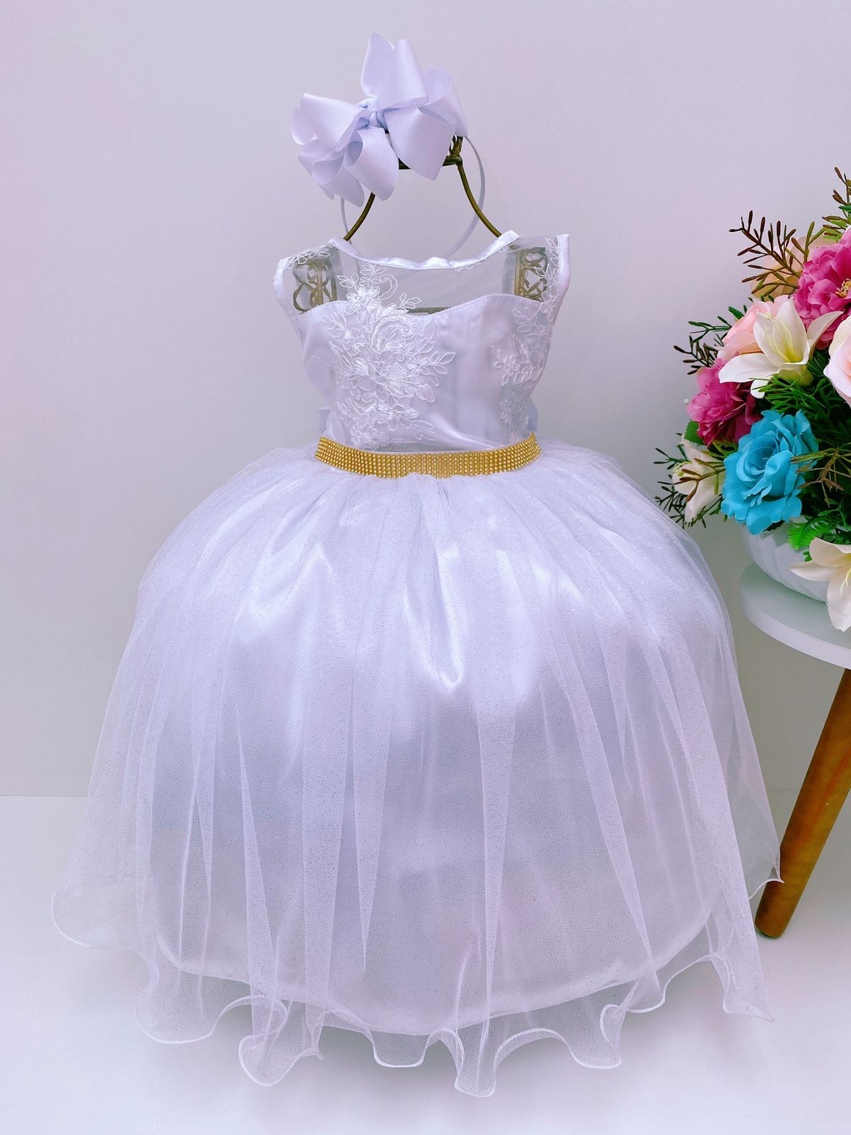 Vestido Infantil Branco Renda Tule com Brilho Damas Luxo