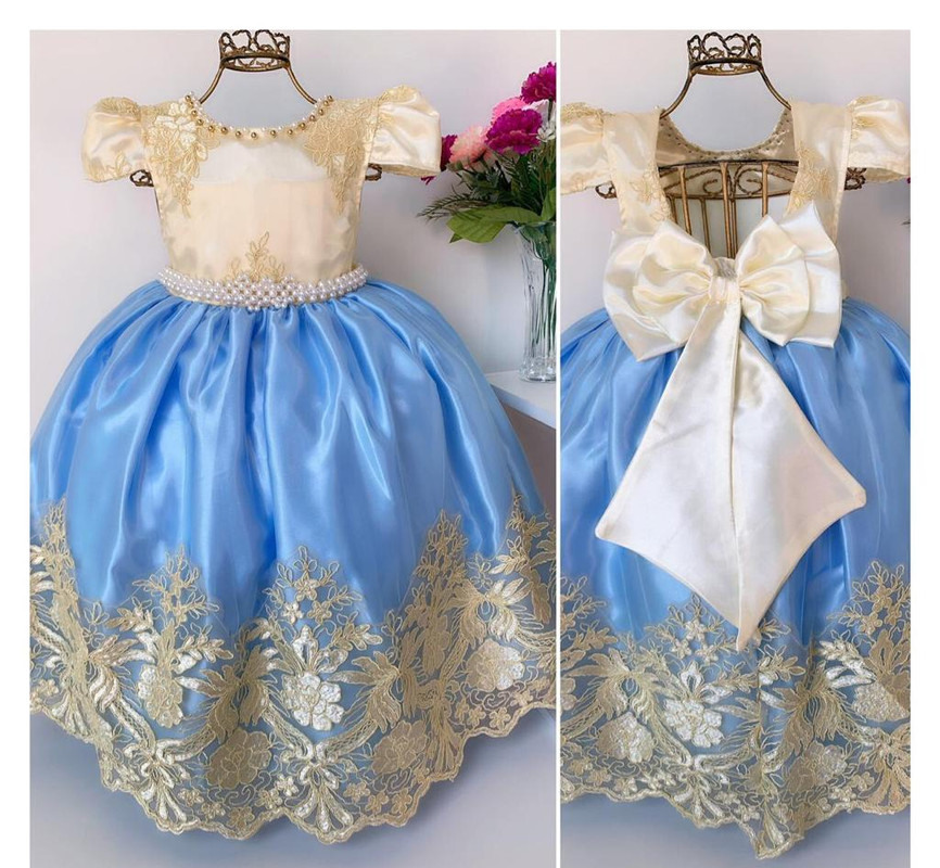 Vestido Infantil Damas de Honra Azul e Marfim Renda Realeza