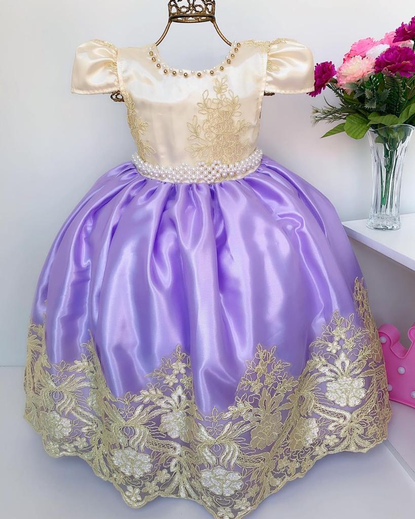 Vestido Infantil Damas de Honra Lilás e Marfim Renda Realeza