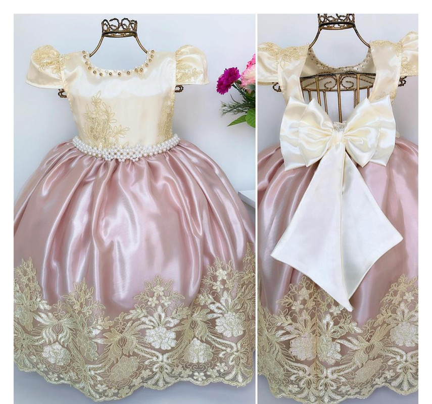 Vestido Infantil Damas de Honra Nude e Marfim Renda Realeza