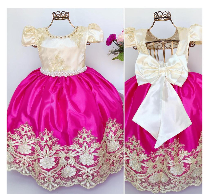 Vestido Infantil Damas de Honra Pink e Marfim Renda Realeza
