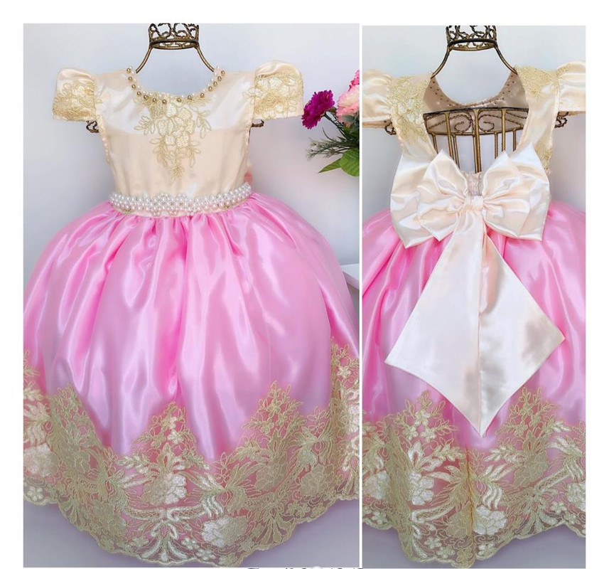 Vestido Infantil Damas de Honra Rosa e Marfim Renda Realeza