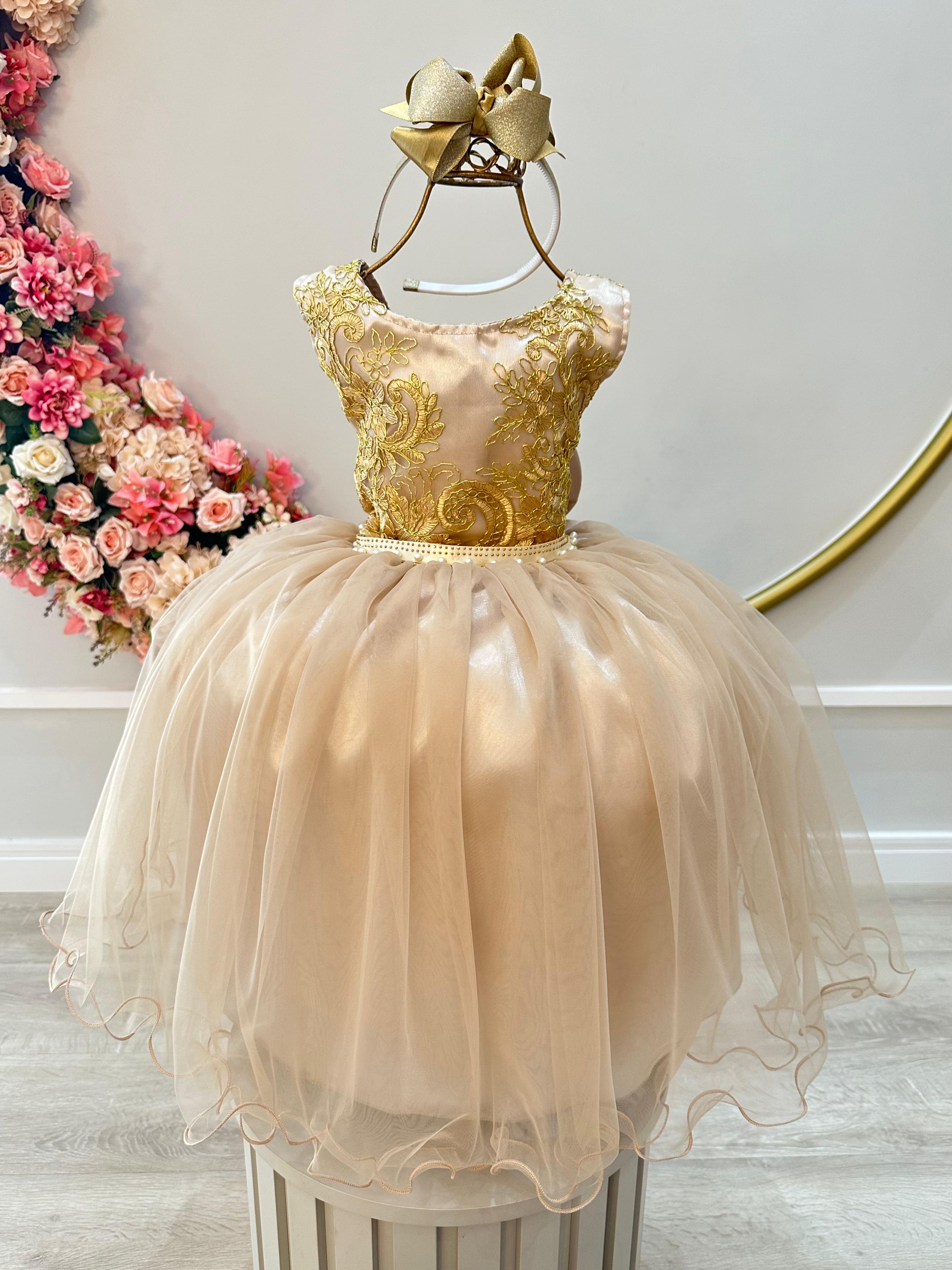 Vestido Infantil Dourado C/ Renda Metalizada Daminhas Festas