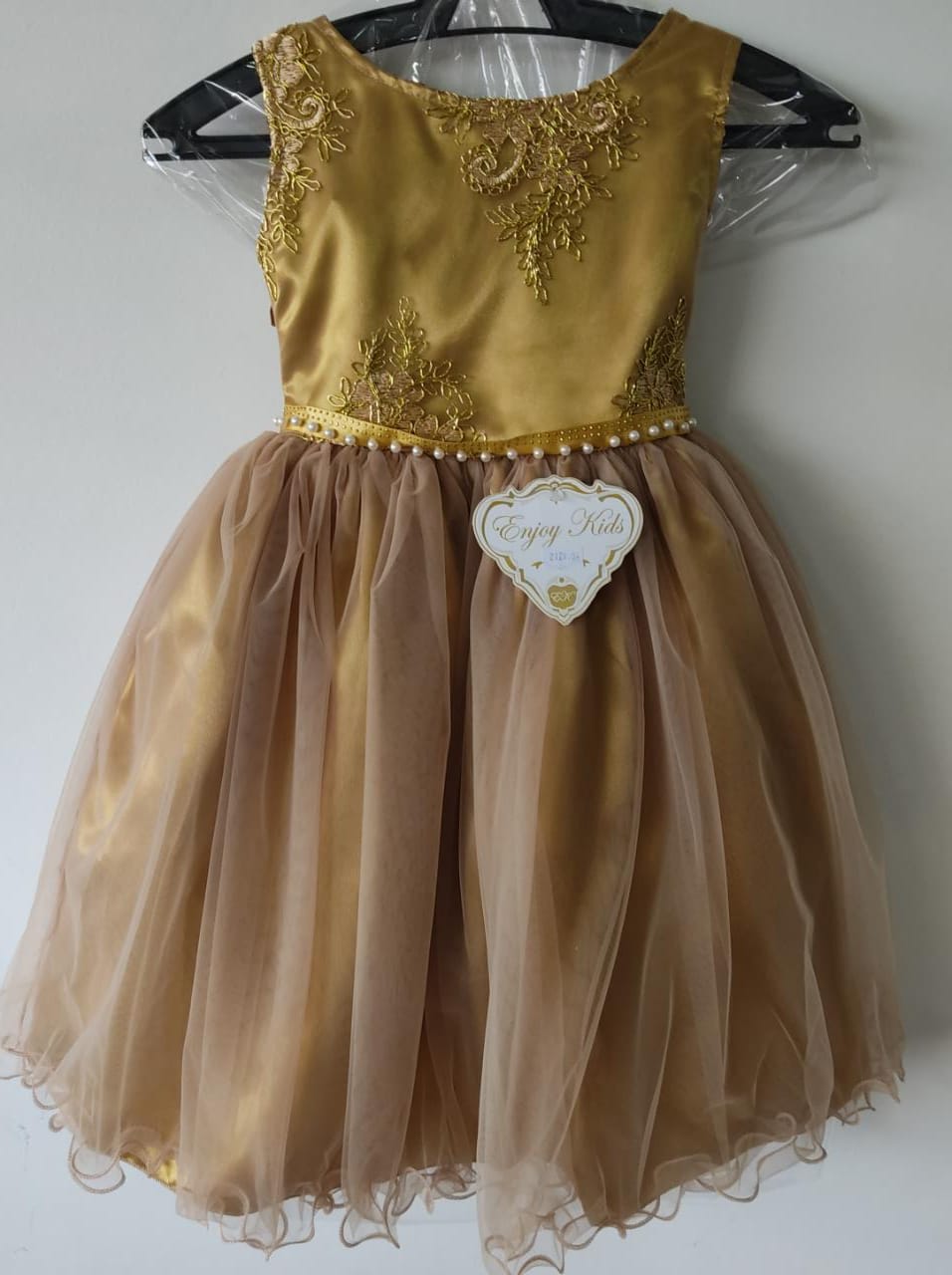 Vestido Infantil Dourado Renda Cinto Com Pérolas Strass