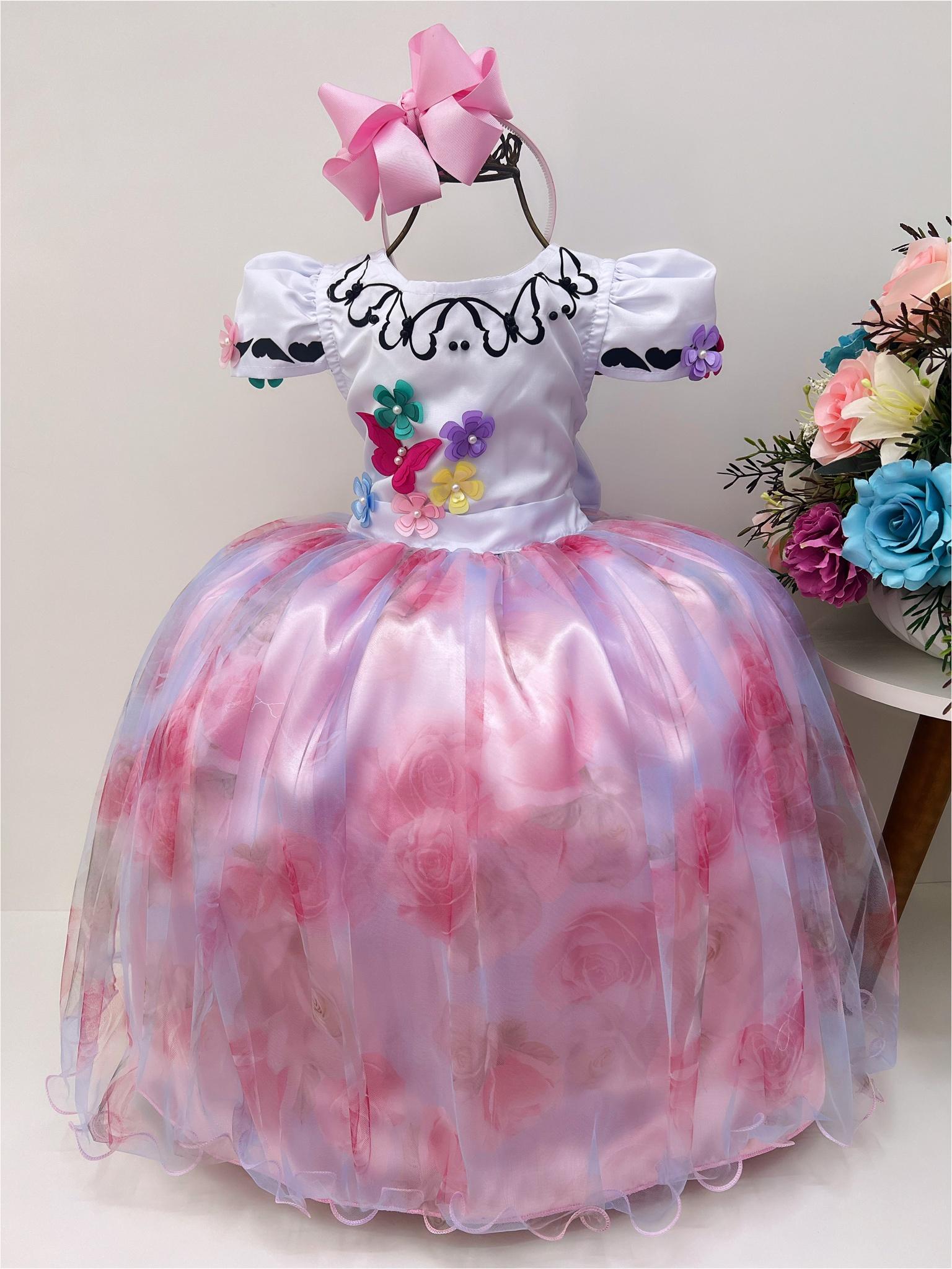 Vestido Infantil Encanto Aplique Flores Borboletas Floral Jardim Rosa