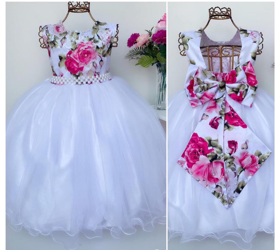 Vestido Infantil Florista Branco Flores Pink Damas