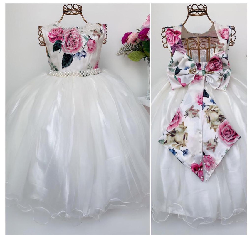 Vestido Infantil Florista Marfim Flores Lilás Princesas