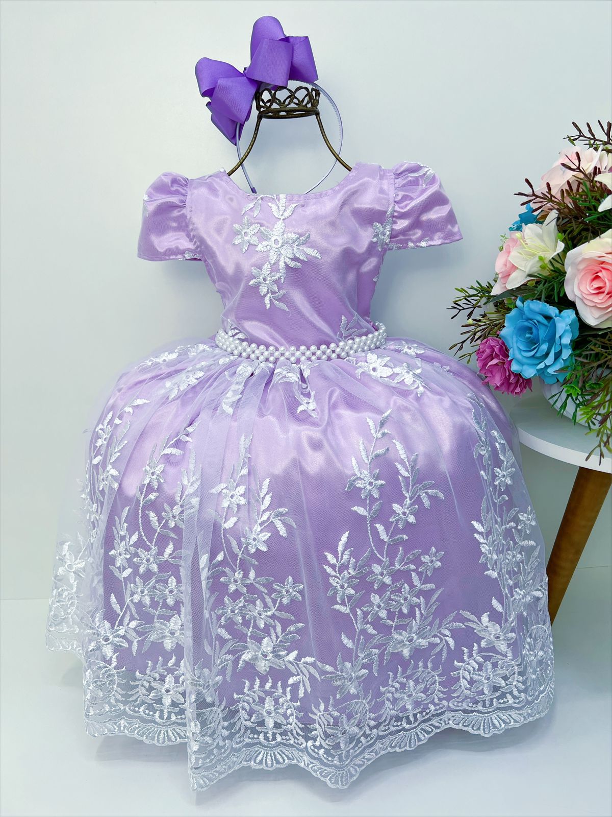 Vestido Infantil Lilás Renda Branca Realeza C/ Pérolas Luxo