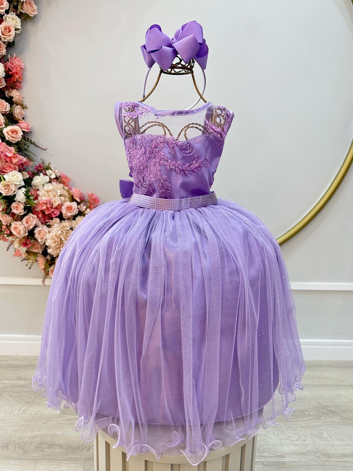 Vestido Infantil Lilás Renda Metalizada Tule C/ Brilho Damas