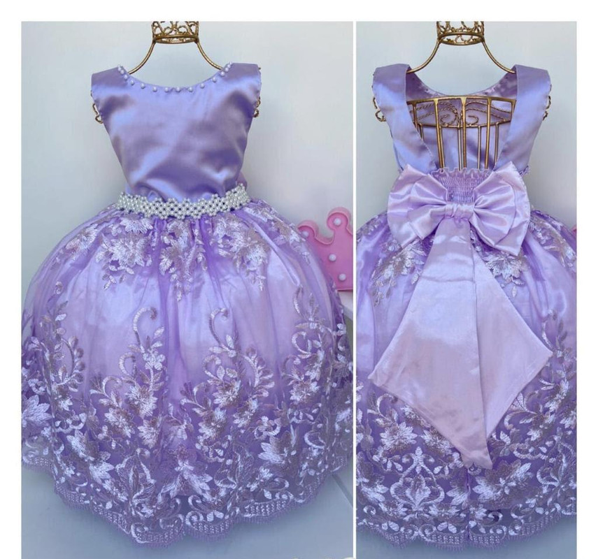 Vestido Infantil Lilás Renda Realeza Princesa Cinto Pérolas