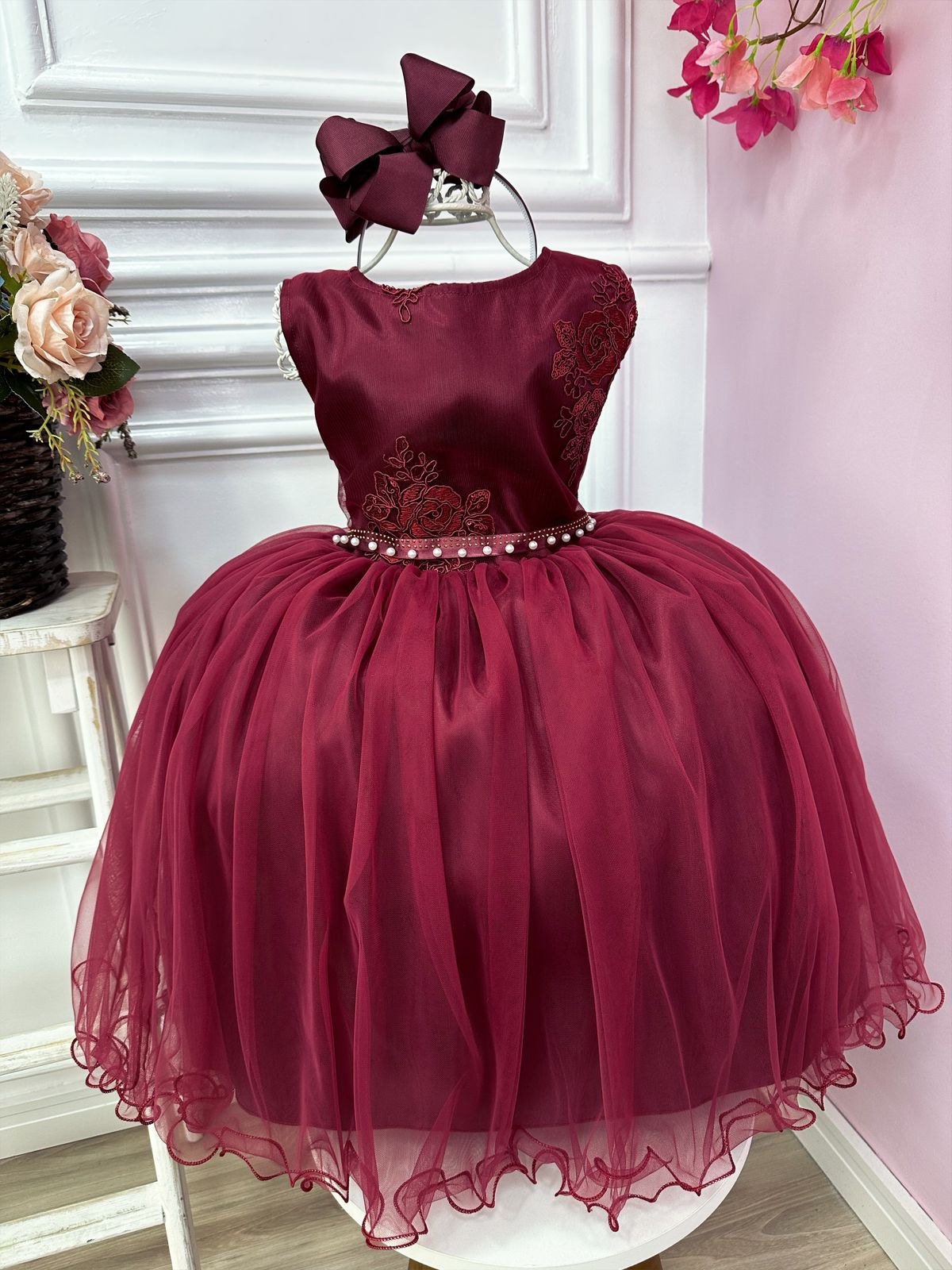 Vestido Infantil Marsala Damas de Honra Cinto Pérola Strass