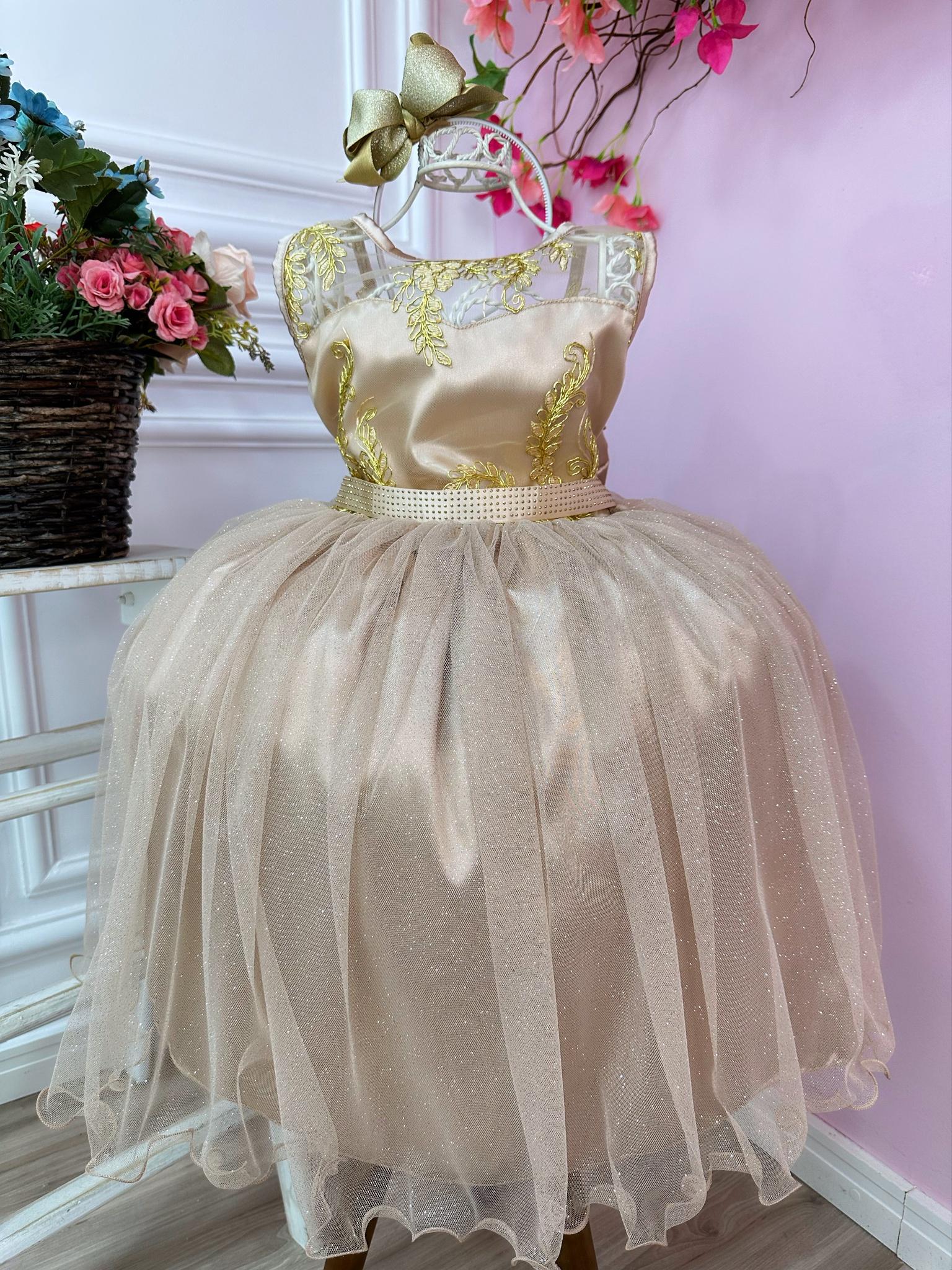 Vestido Infantil Nude C/ Renda Metalizada Tule Brilho Damas