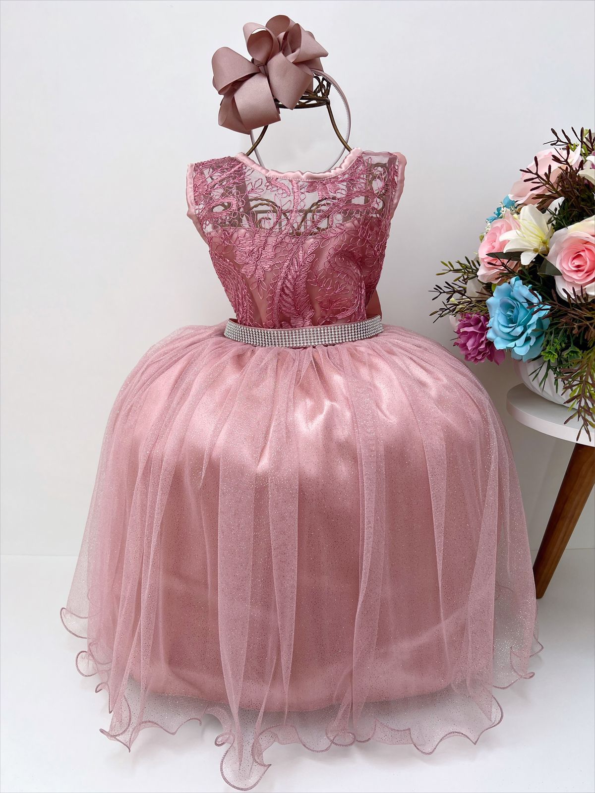 Vestido Infantil Rosé Renda e Tule C/ Brilho Luxo