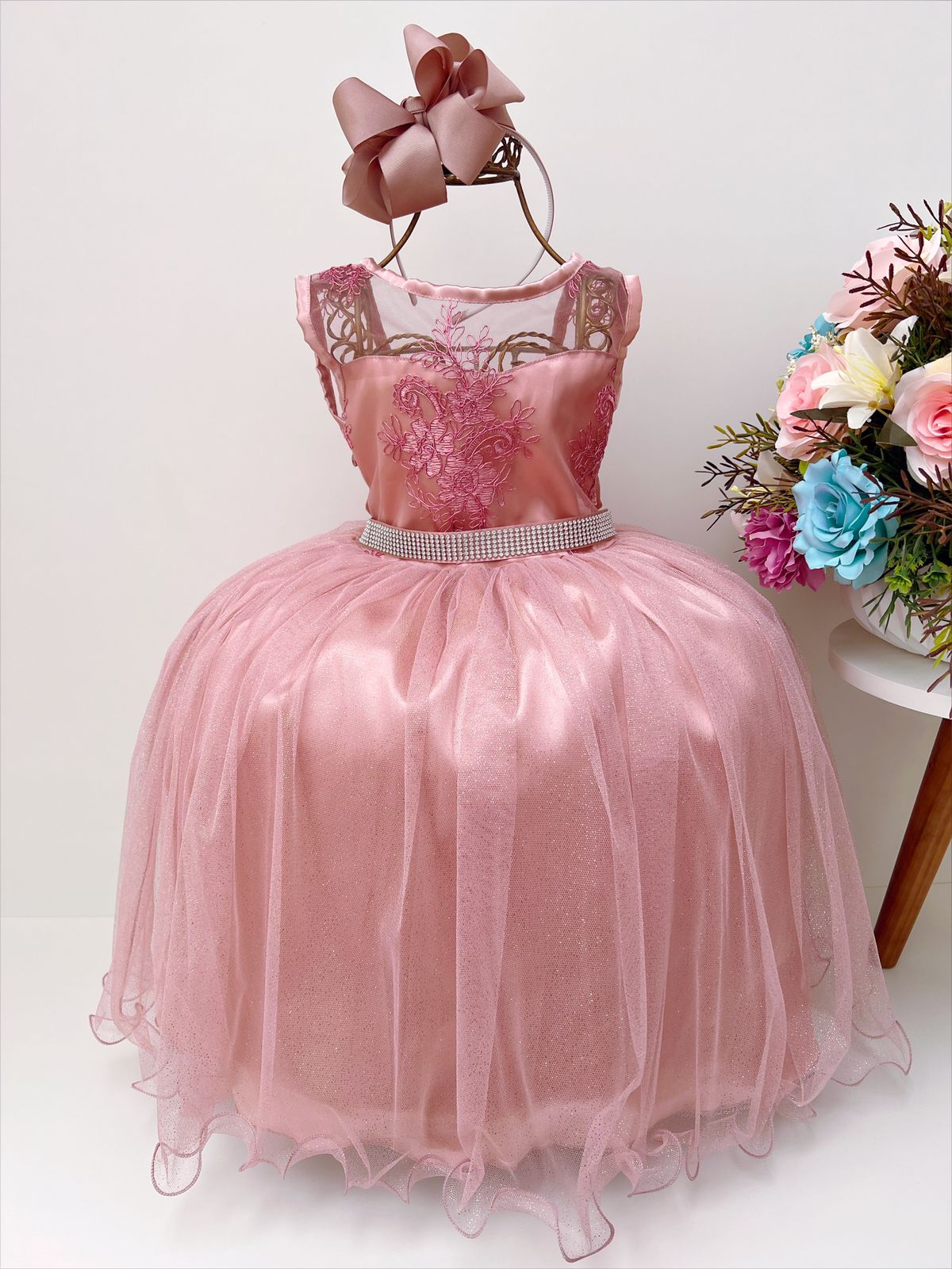 Vestido Infantil Rosé Renda Realeza Luxo Pérolas