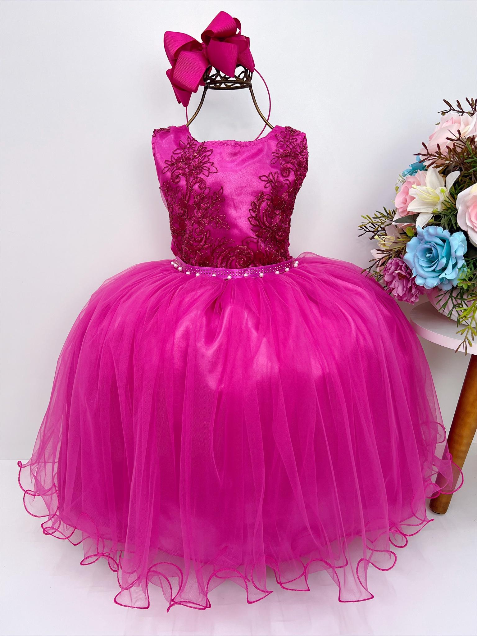 Vestido Infantil Pink Damas de Honra Cinto Strass e Pérola