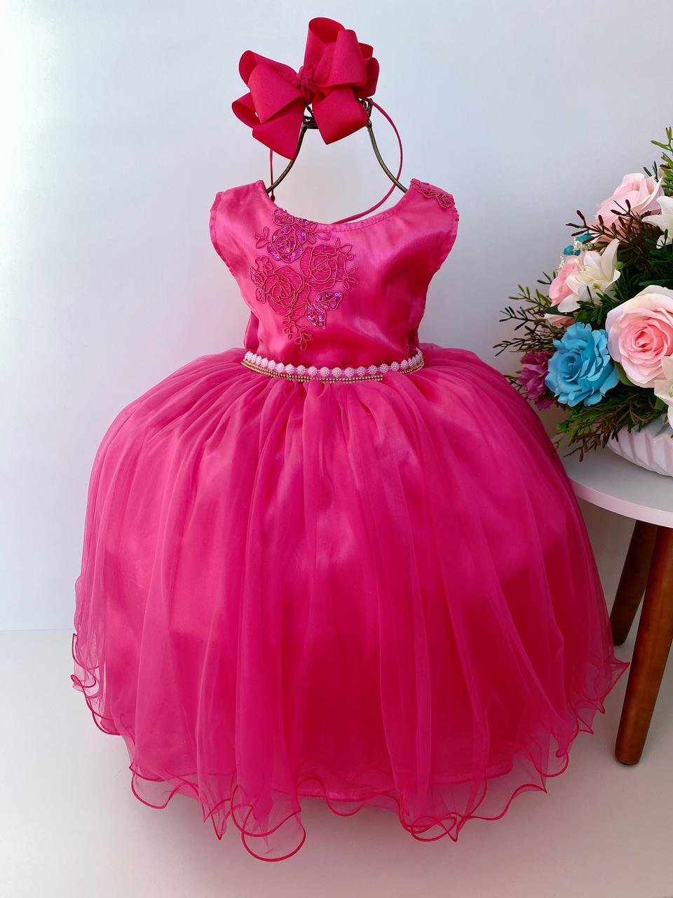 Vestido Infantil Pink Renda Cinto Pérolas e Strass