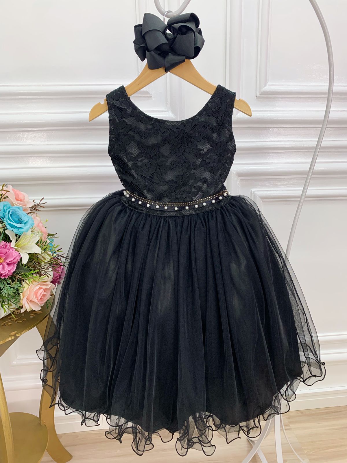 Vestido Infantil Preto Damas de Honra Renda Pérola e Strass