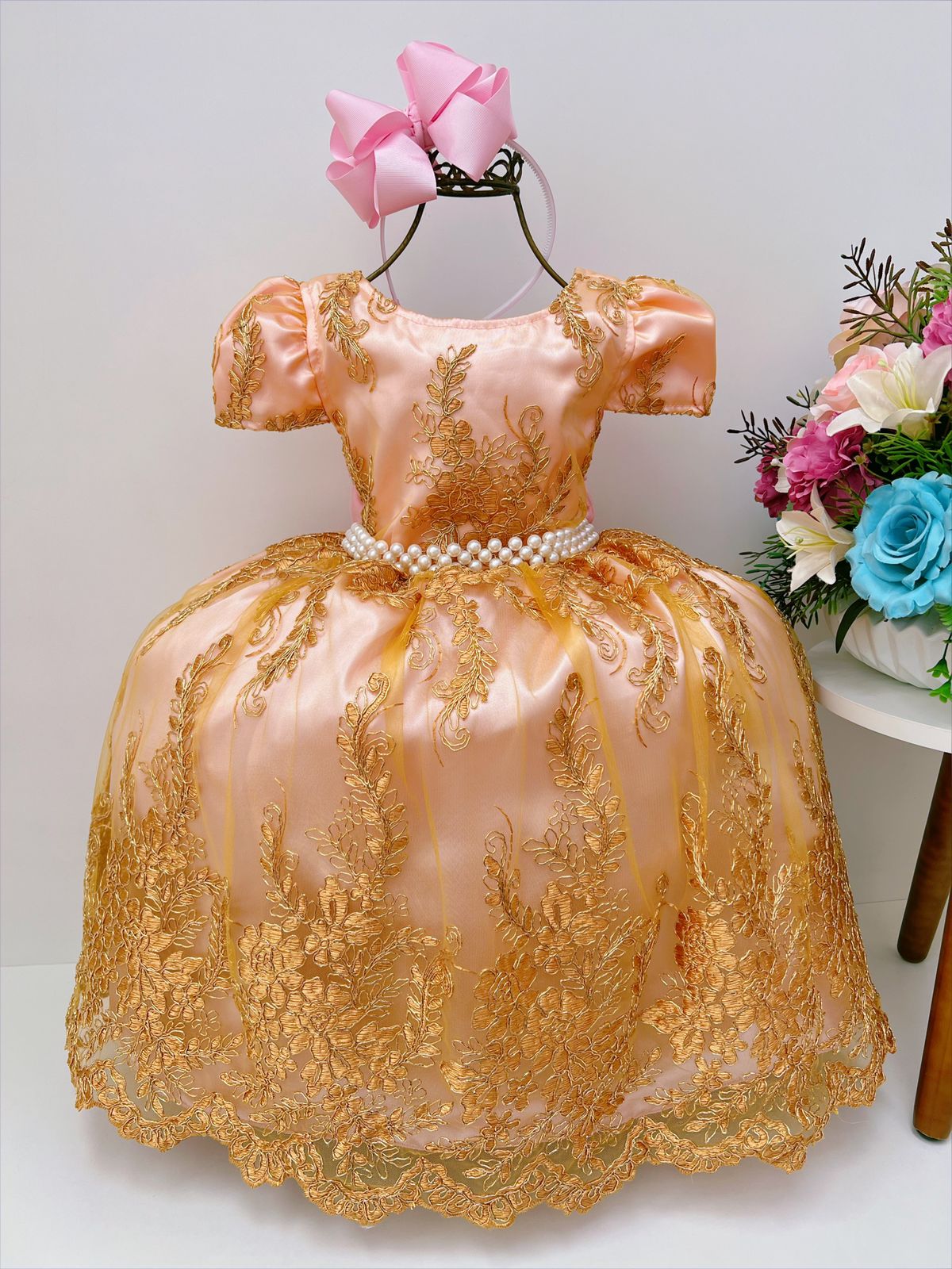 Vestido Infantil Rosa C/ Renda Dourada Realeza Pérolas