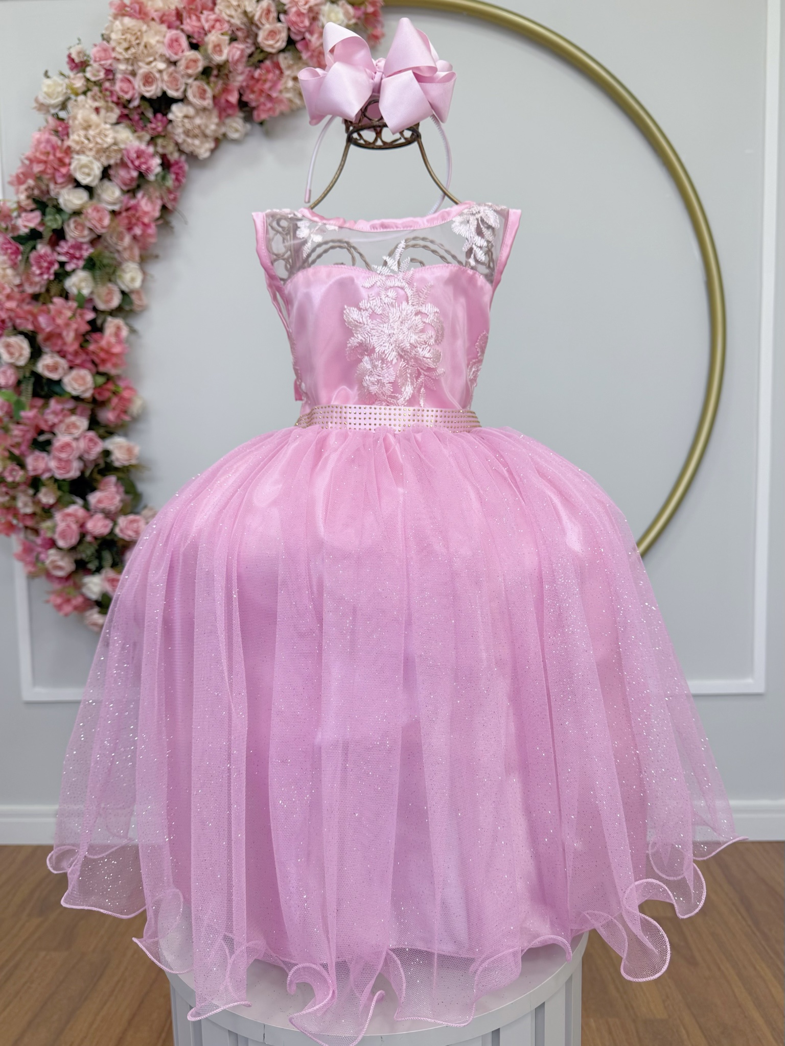Vestido Infantil Rosa C/ Renda e Tule Glitter Daminha
