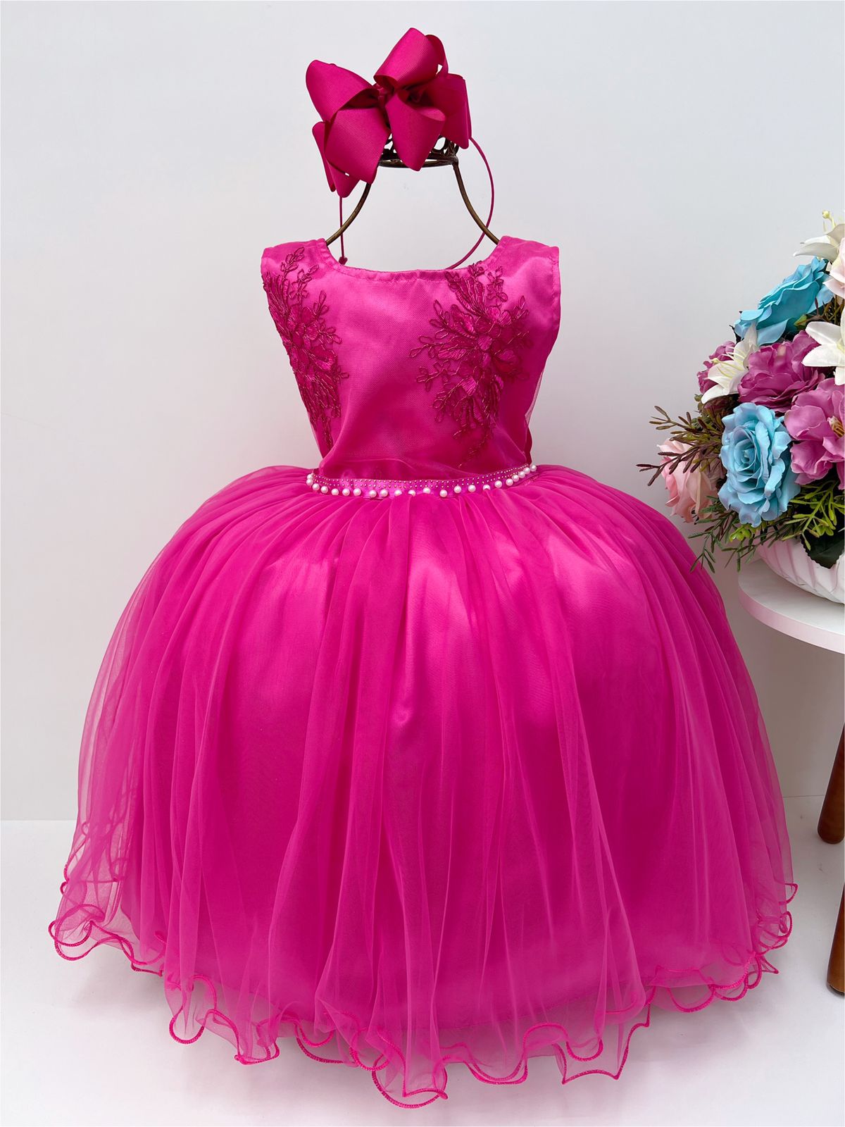 Vestido Infantil Pink Renda Cinto de Pérolas Strass
