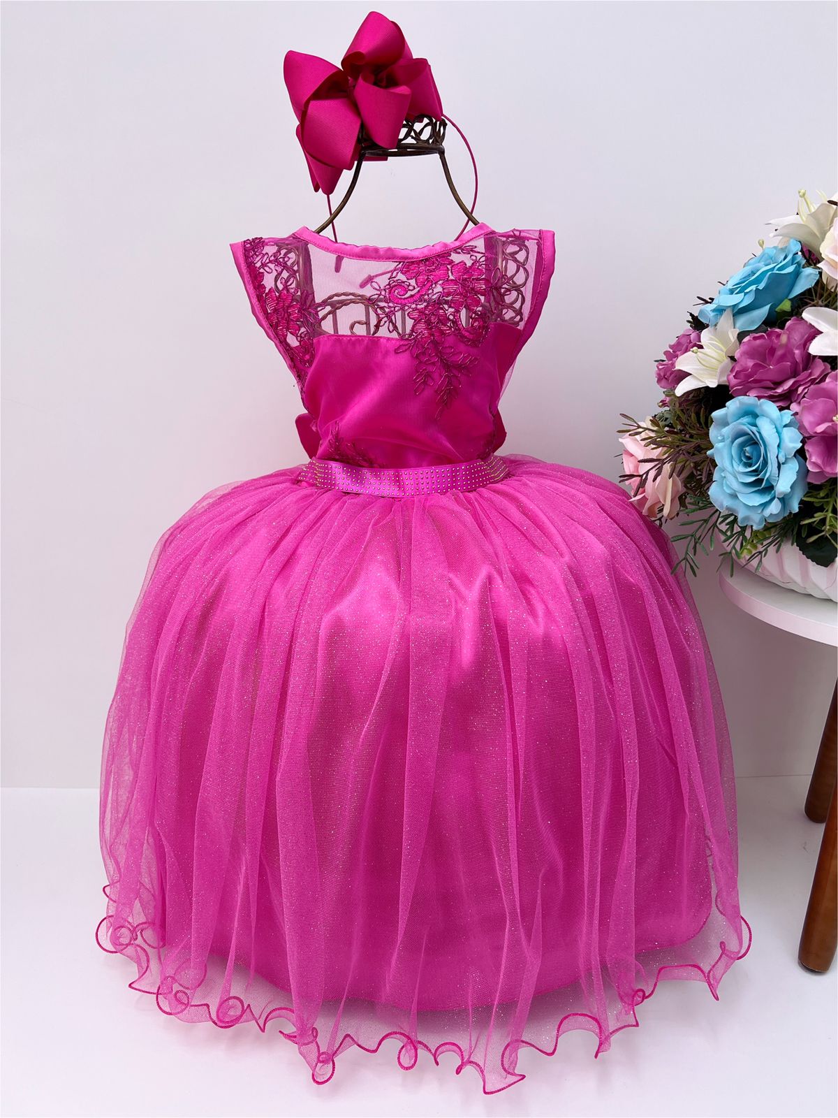 Vestido Infantil Pink Renda Saia Brilho Cinto Strass