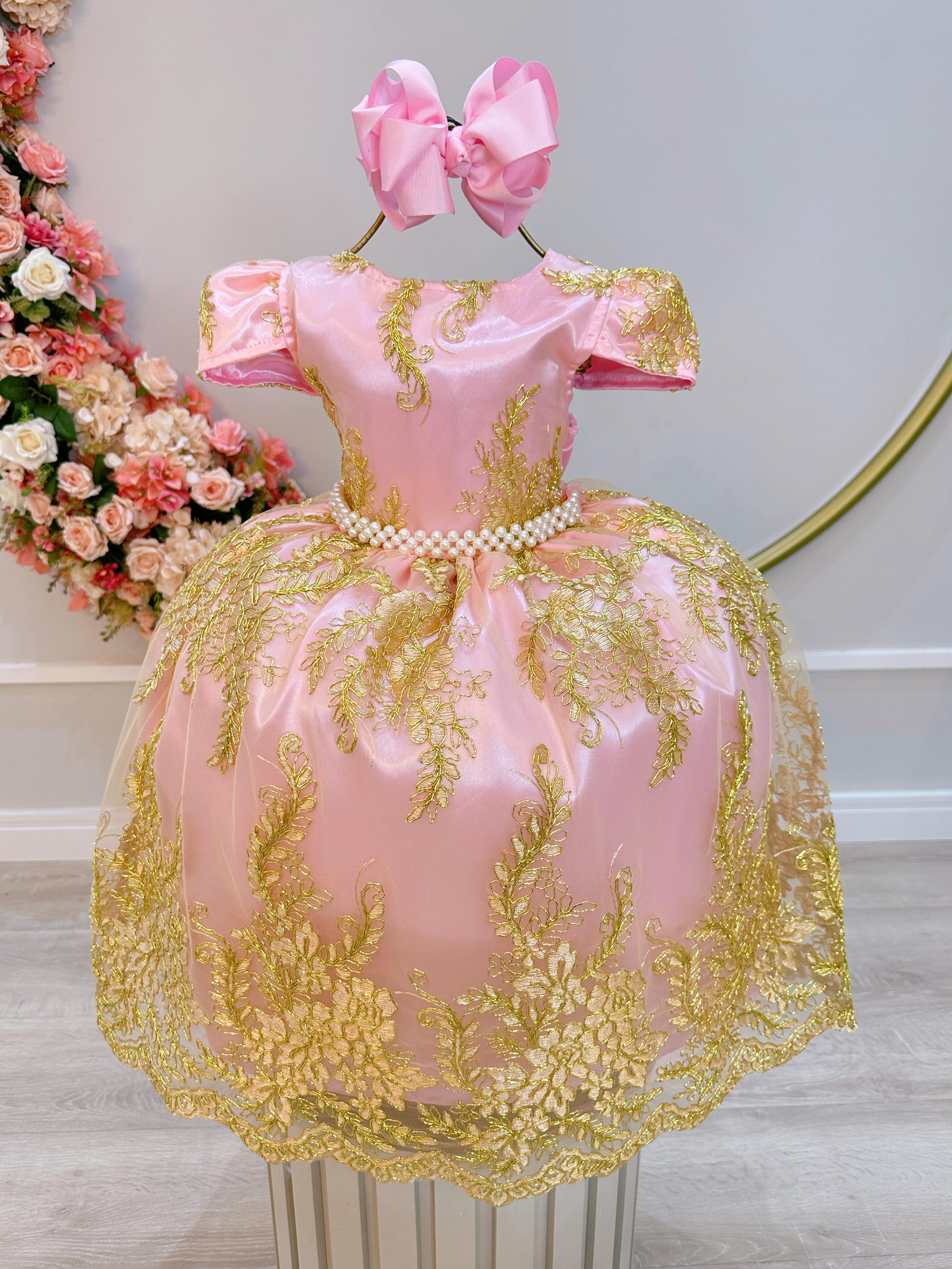 Vestido Infantil Rosa Com Renda Realeza Dourada e Pérolas