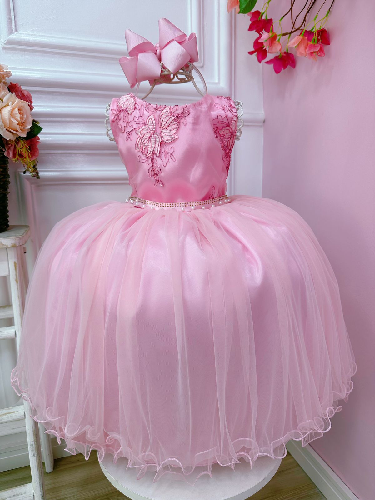Vestido Infantil Rosa Damas de Honra Cinto Pérola Strass