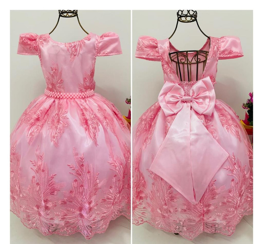 Vestido Infantil Rosa Damas de Honra Cinto Pérolas Luxo