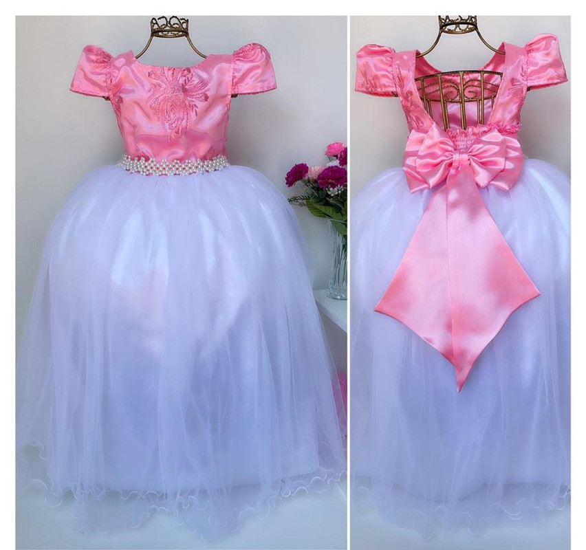 Vestido Infantil Rosa e Saia Branca Damas de Honra Casamento