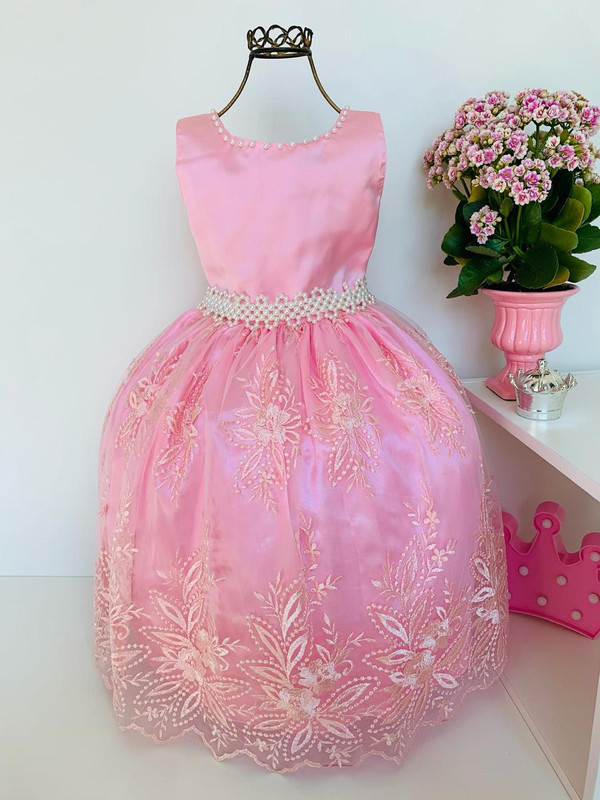Vestido Infantil Rosa Realeza Renda Luxo Cinto Pérolas