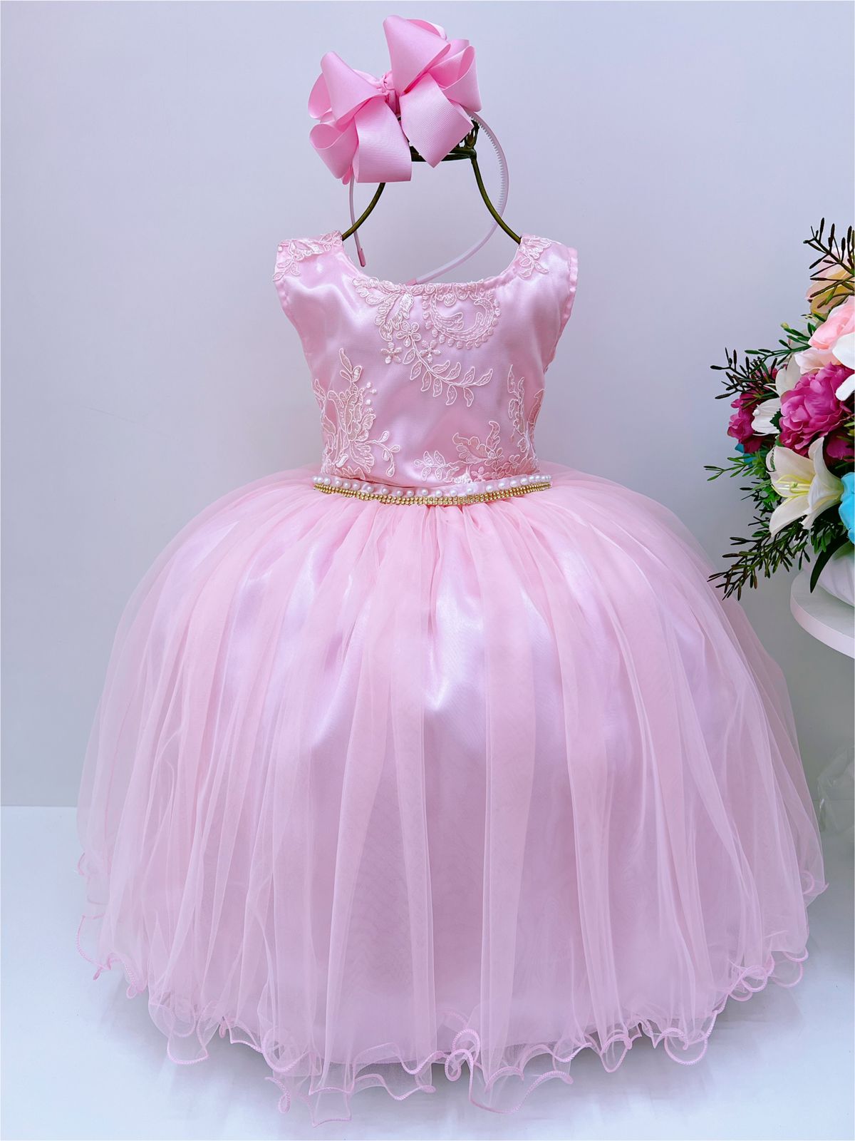 Vestido Infantil Rosa Renda Cinto Com Pérolas Strass