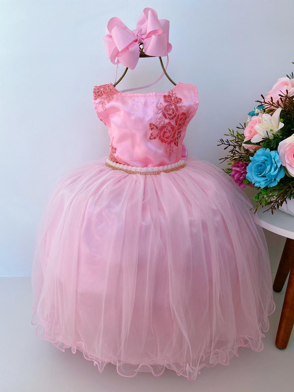 Vestido Infantil Rosa Renda Cinto Pérolas e Strass