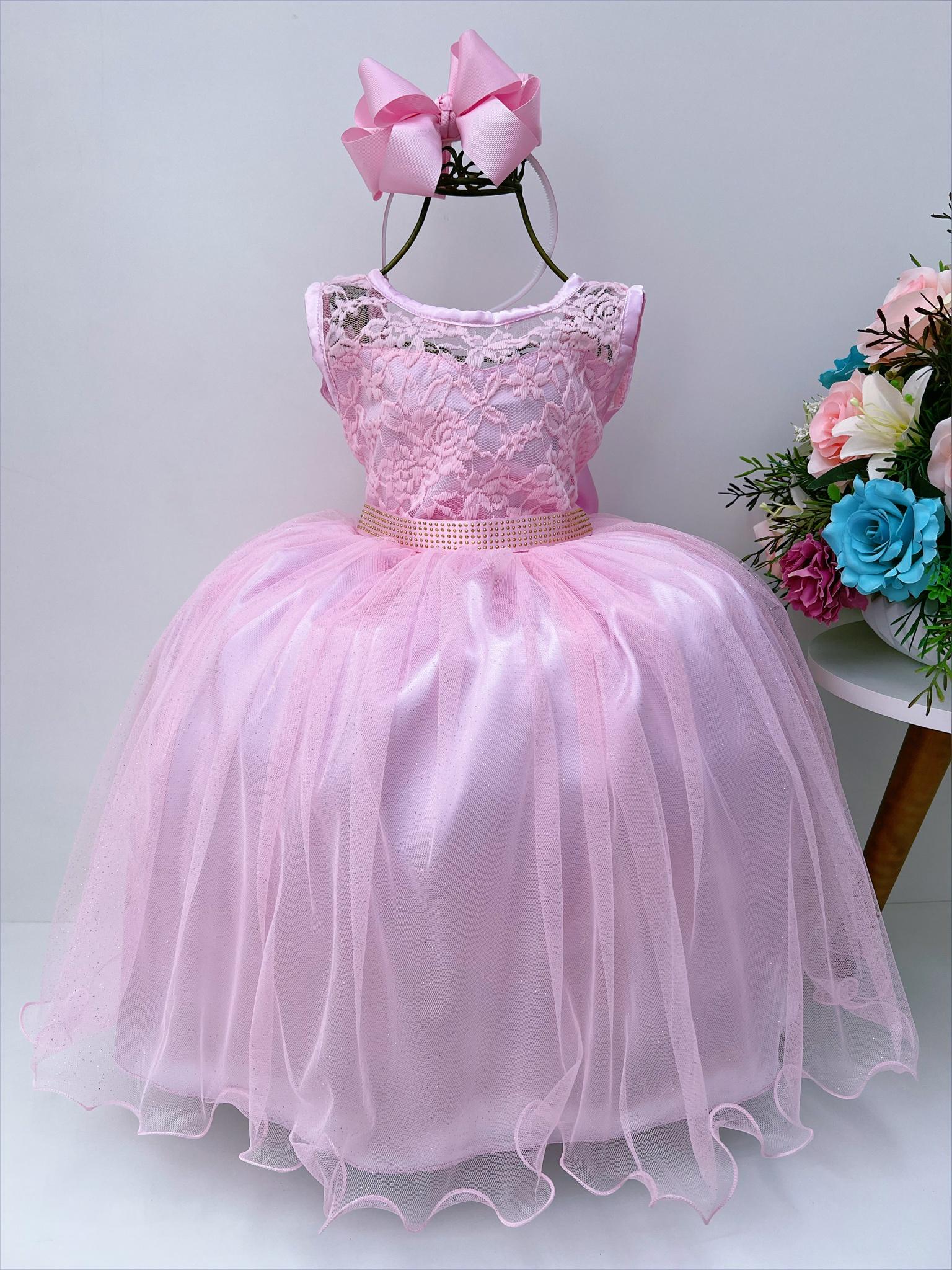 Vestido Infantil Rosa Renda Cinto Strass Tule Brilho Damas