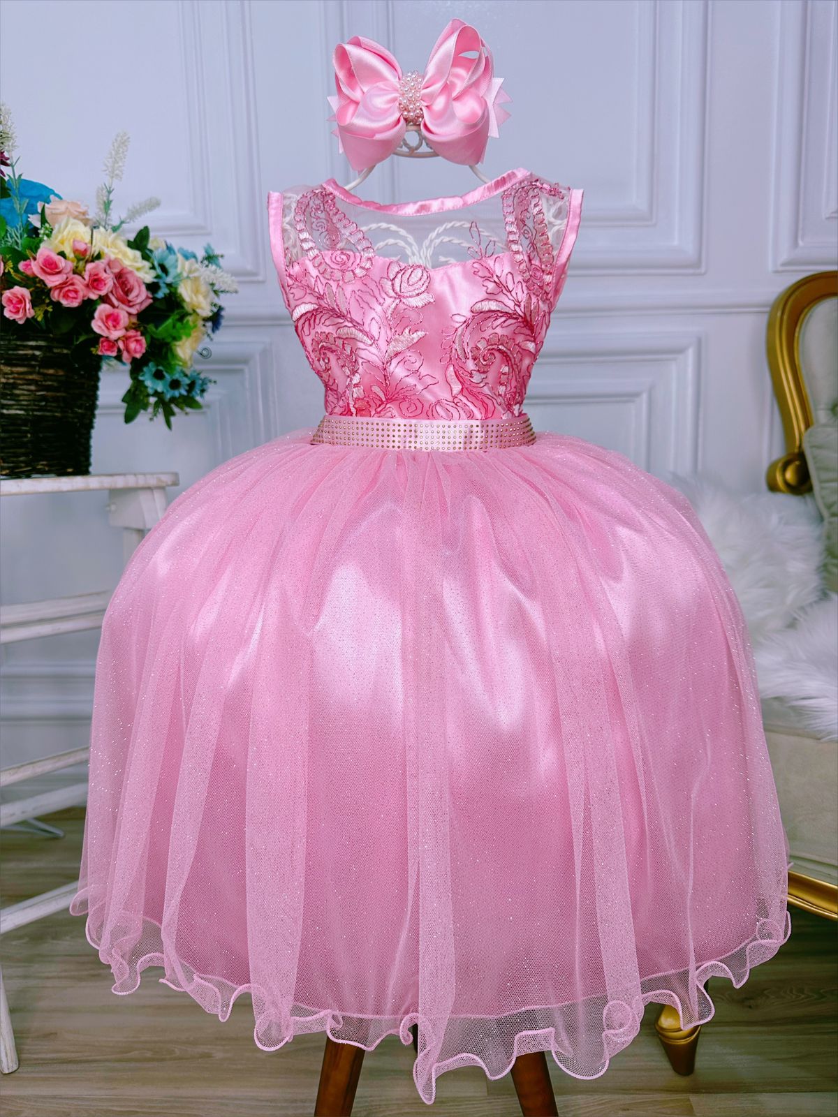 Vestido Infantil Rosa Renda Realeza e Tule C/ Glitter