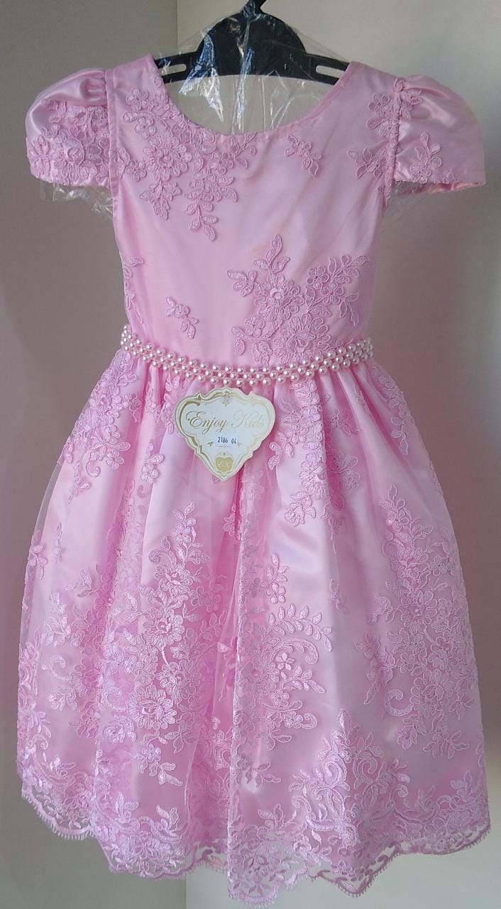 Vestido Infantil Rosa Rendado Cinto de Perolas Luxo